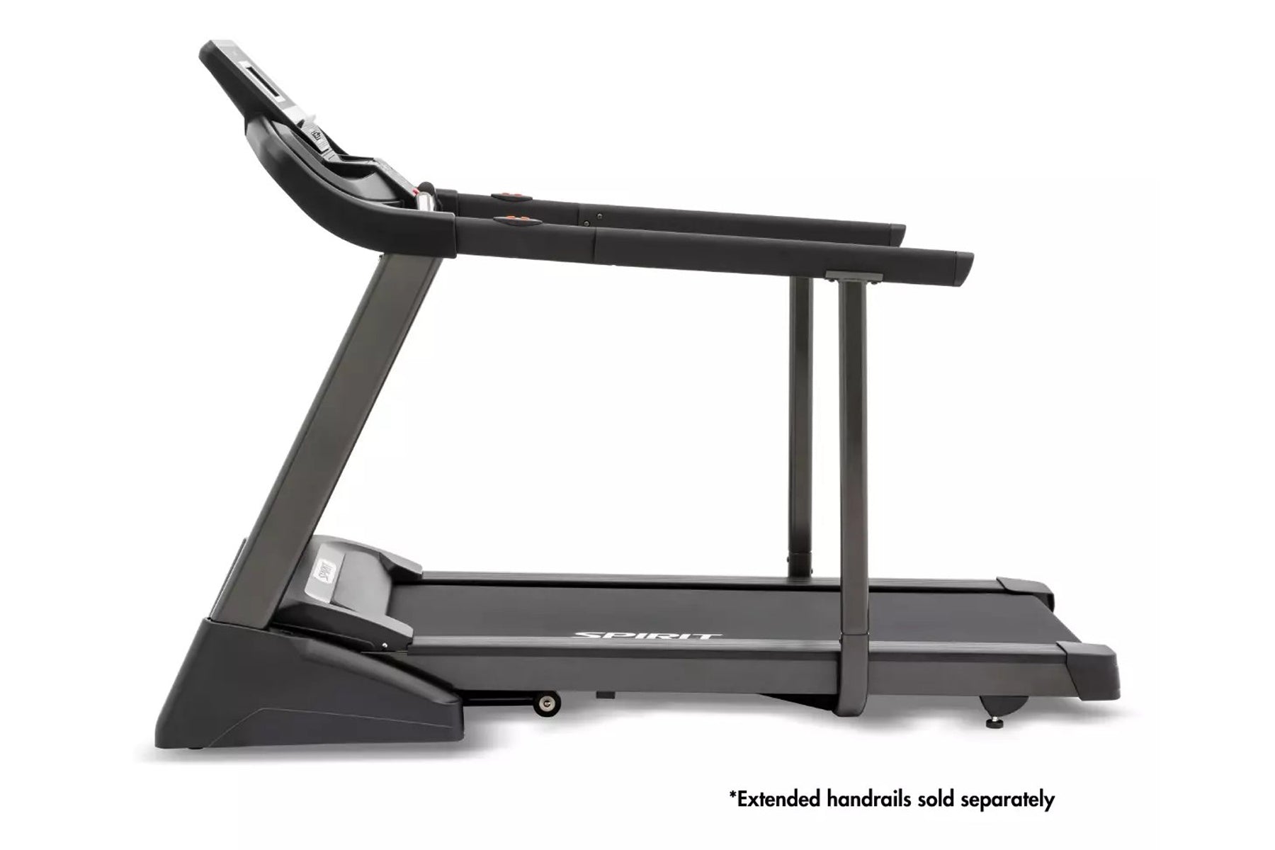 Black and gray motorized treadmill with curved handlebar, digital console, and wide running deck on white background