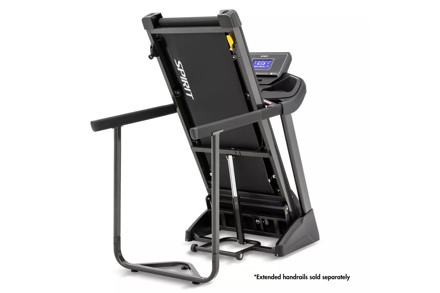 Spirit XT285 black treadmill with digital console and handrails on white background