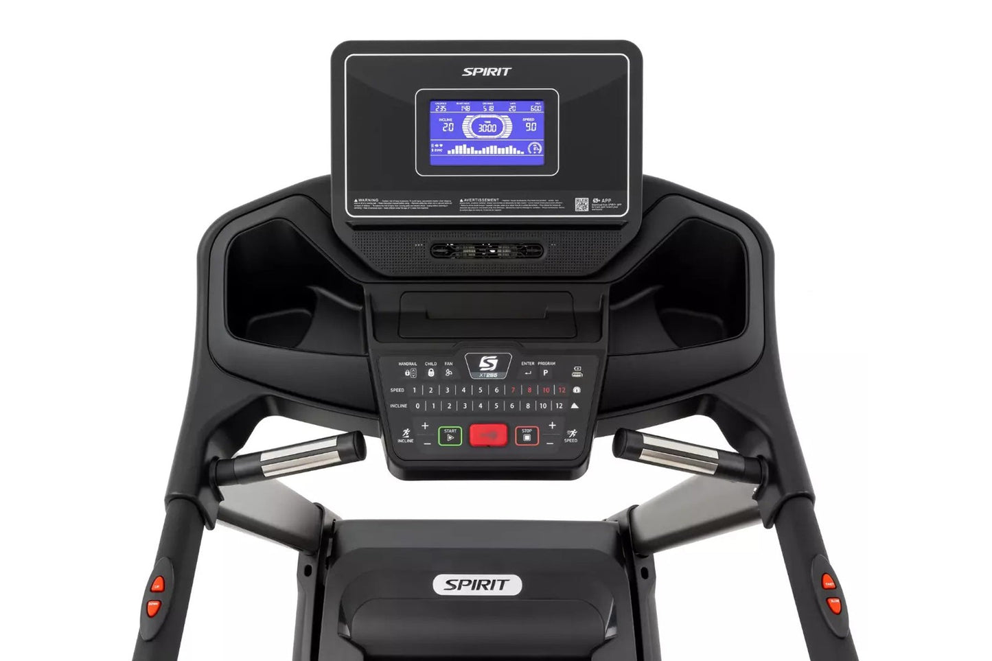 Spirit XT285 black treadmill with digital display console showing workout metrics, control panel with buttons, dual handrails