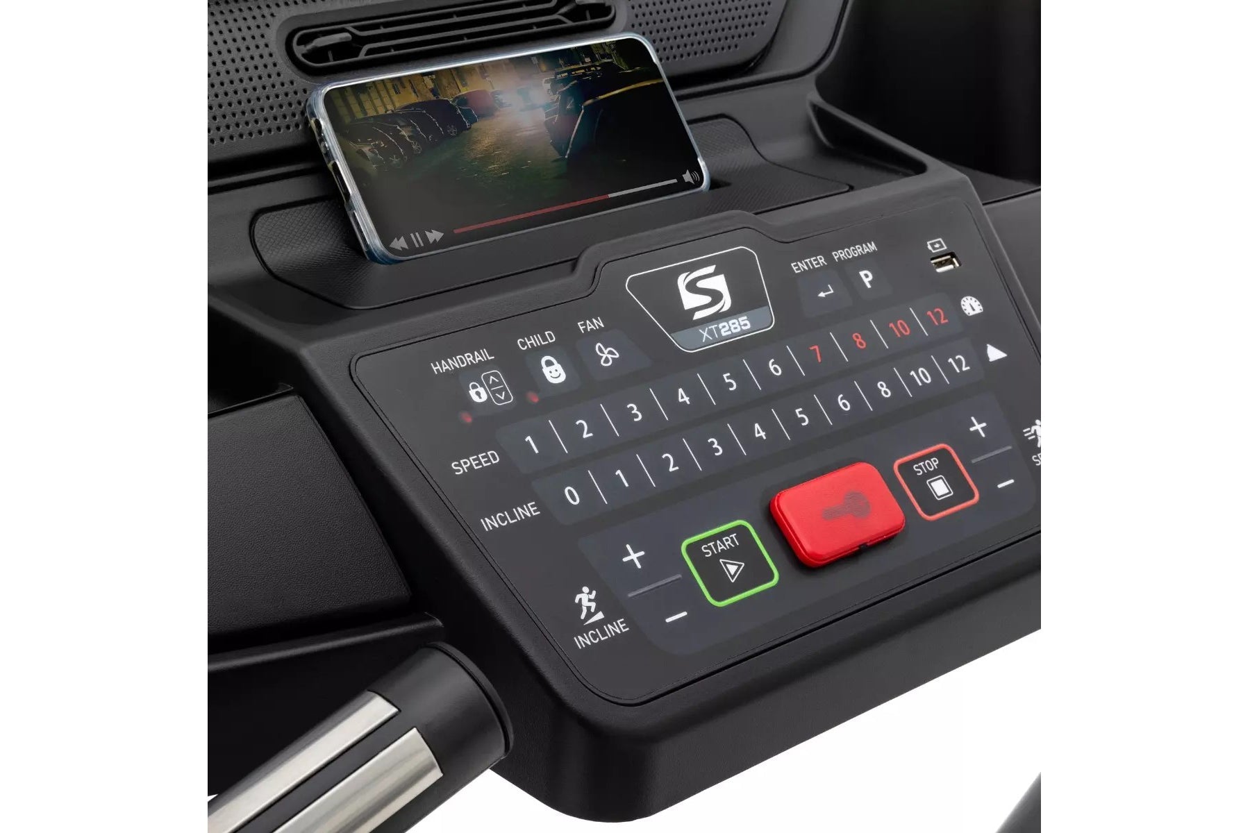 Spirit XT285 treadmill console with black control panel, red start and stop buttons, green start icon, and smartphone holder 