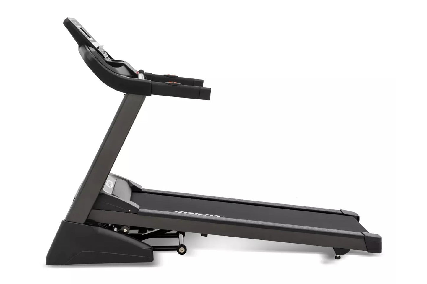 Black Spirit XT285 treadmill with curved console and handrails on white background
