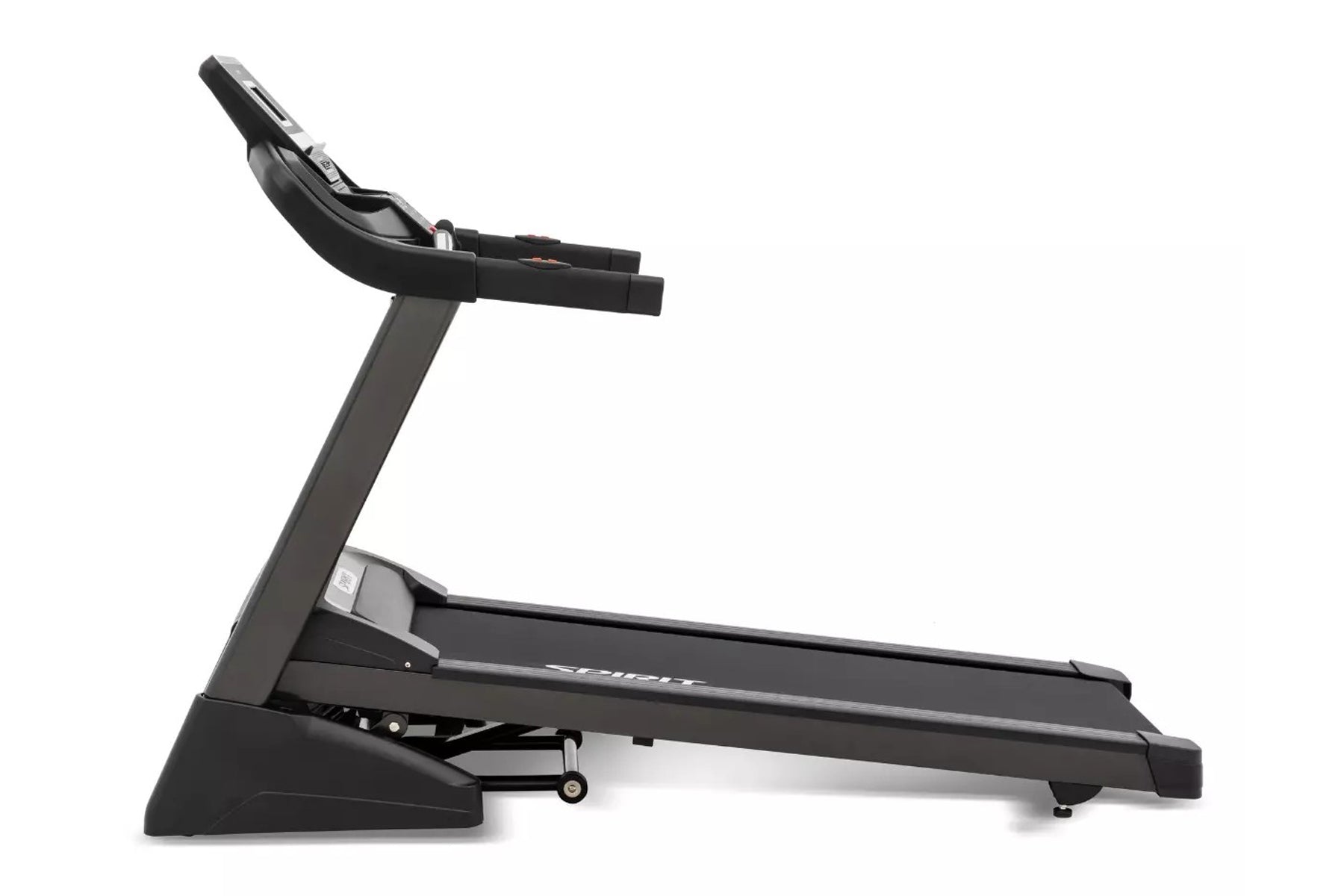 Black Spirit XT285 treadmill with curved console and handrails on white background