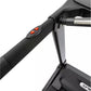 Black treadmill handlebar with red control buttons and silver rail, close-up detail shot on white background