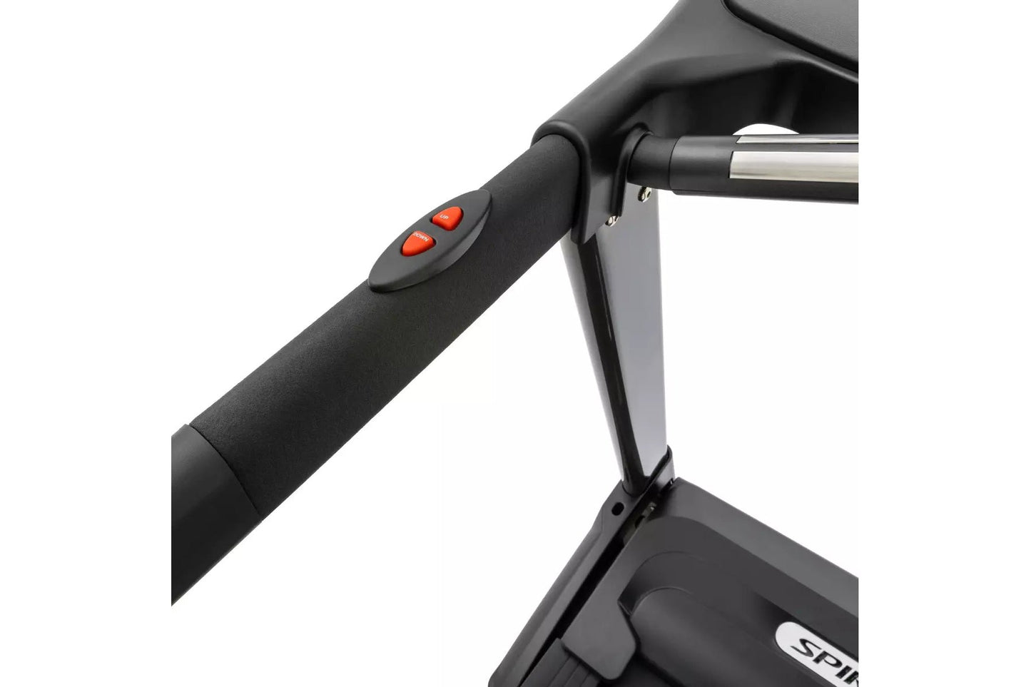 Black treadmill handlebar with red control buttons and silver rail, close-up detail shot on white background