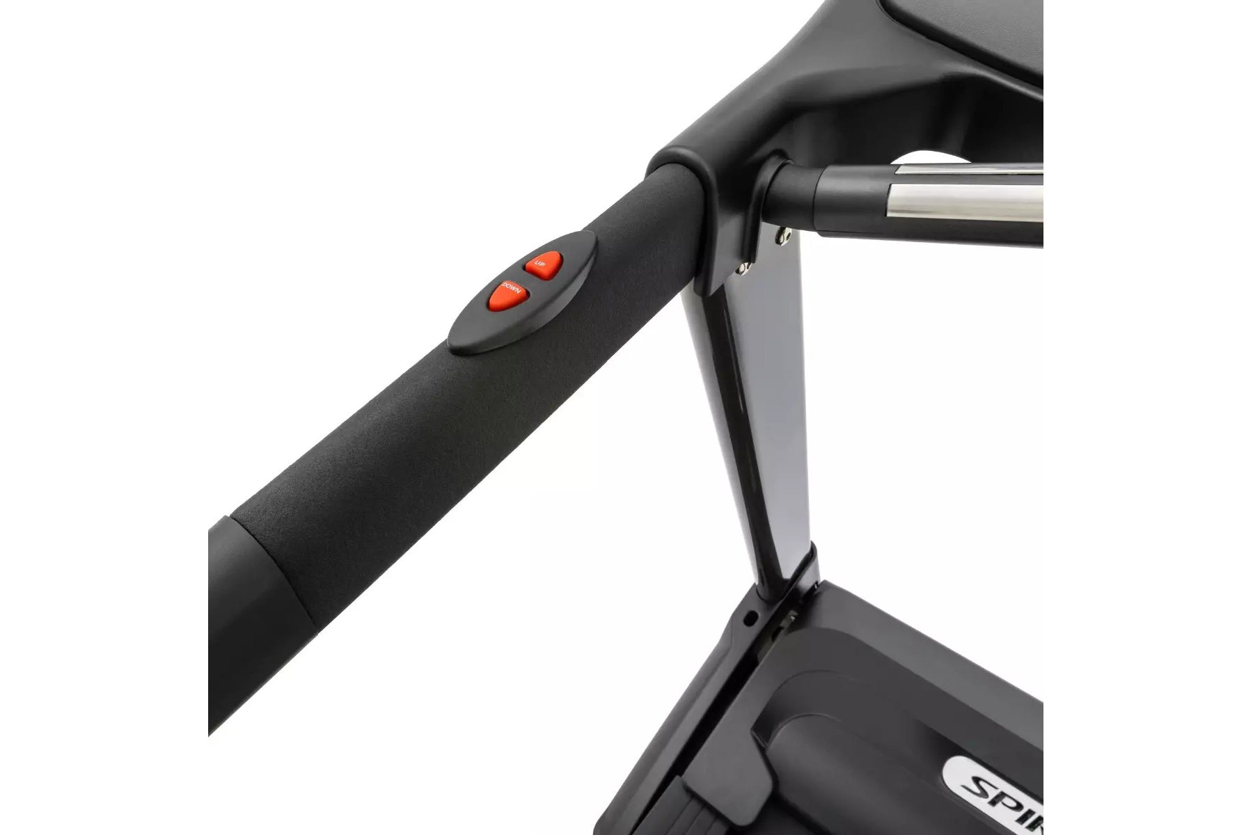 Black treadmill handlebar with red control buttons and silver rail, close-up detail shot on white background