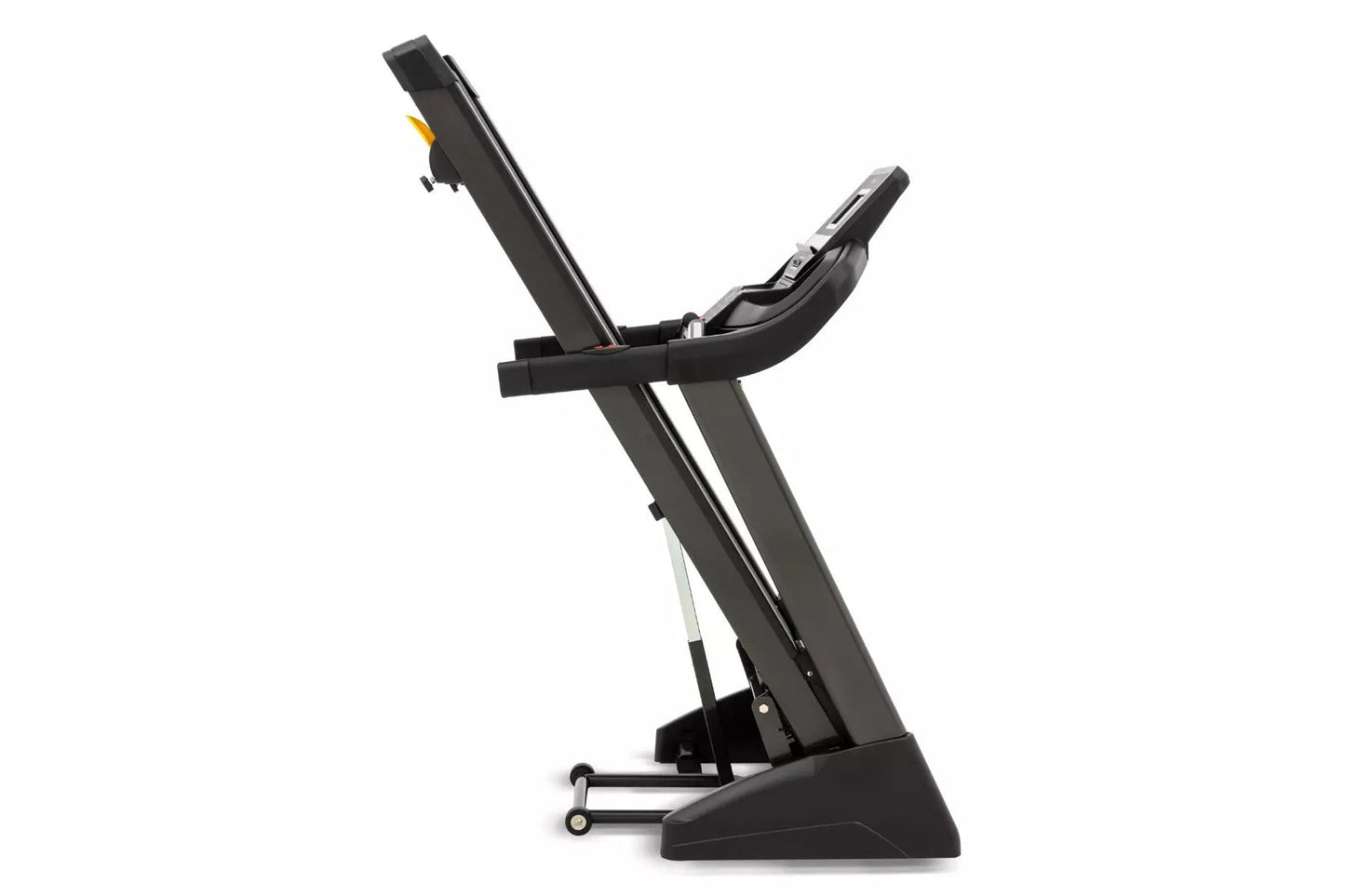 Black upright treadmill with curved handlebars, digital console, and wide base on white background