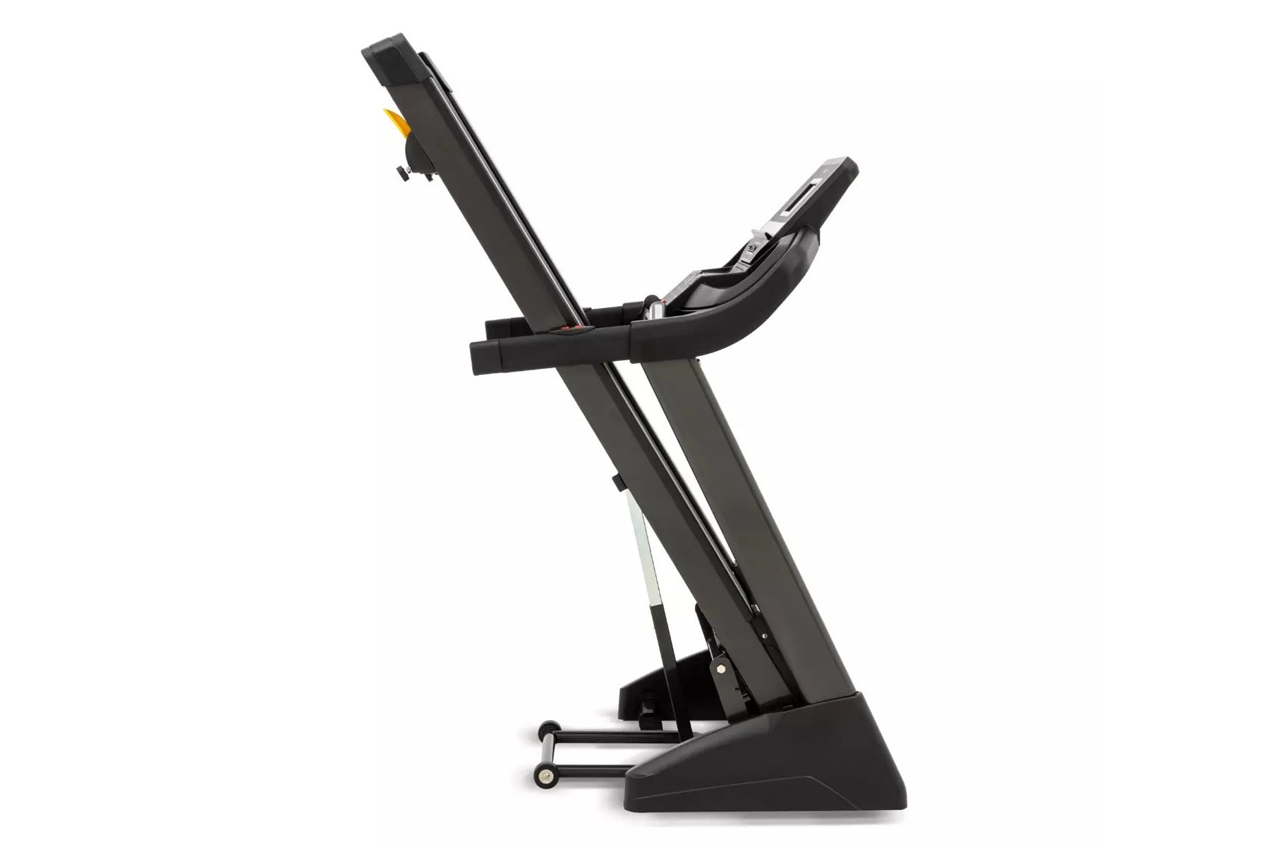 Black upright treadmill with curved handlebars, digital console, and wide base on white background