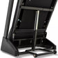 Black treadmill with open hood showing internal mechanics, metal frame, and wheeled base on white background
