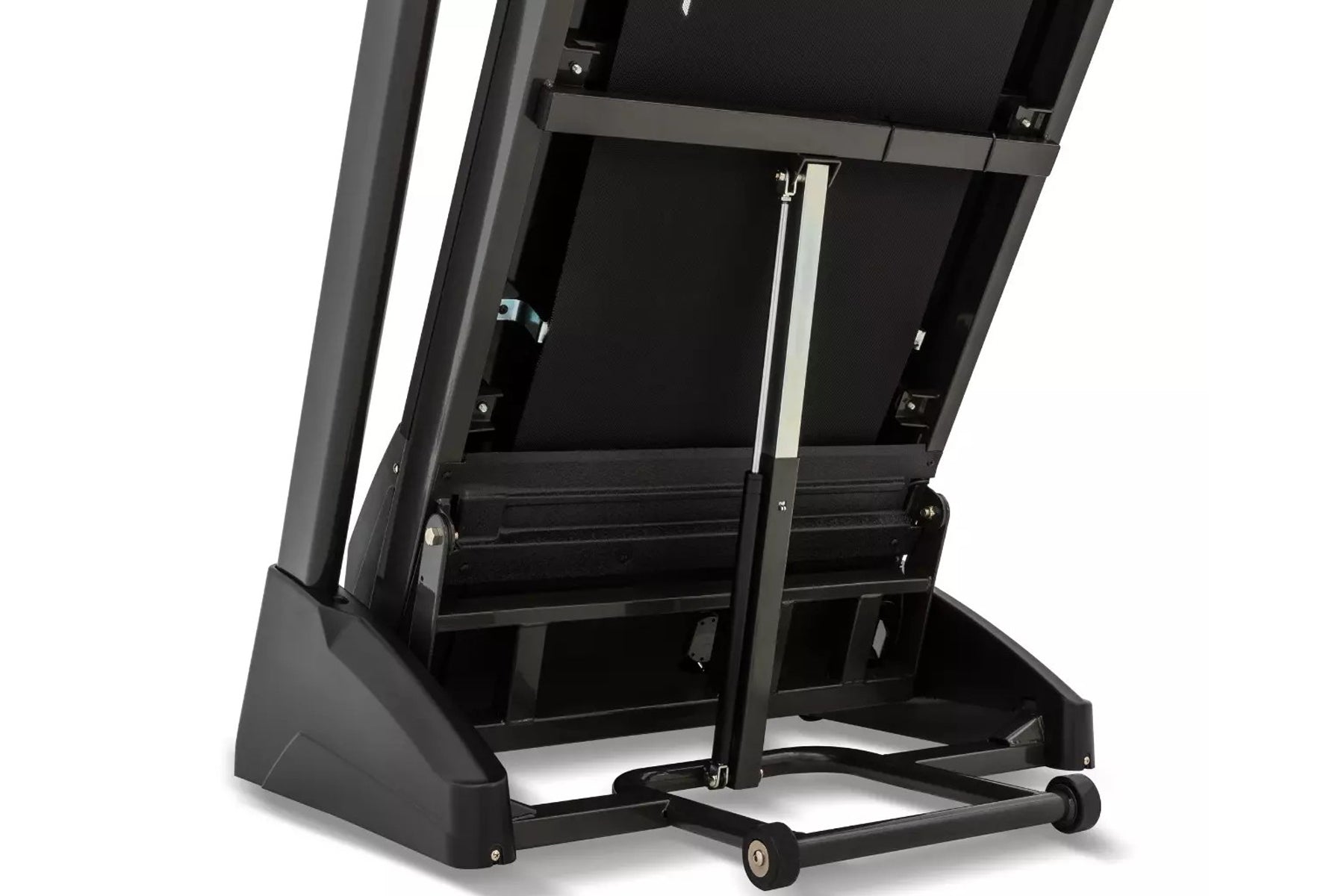Black treadmill with open hood showing internal mechanics, metal frame, and wheeled base on white background