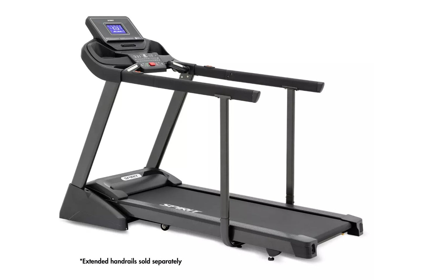 Black Spirit XT285 treadmill with digital display console, handrails, and running deck on white background