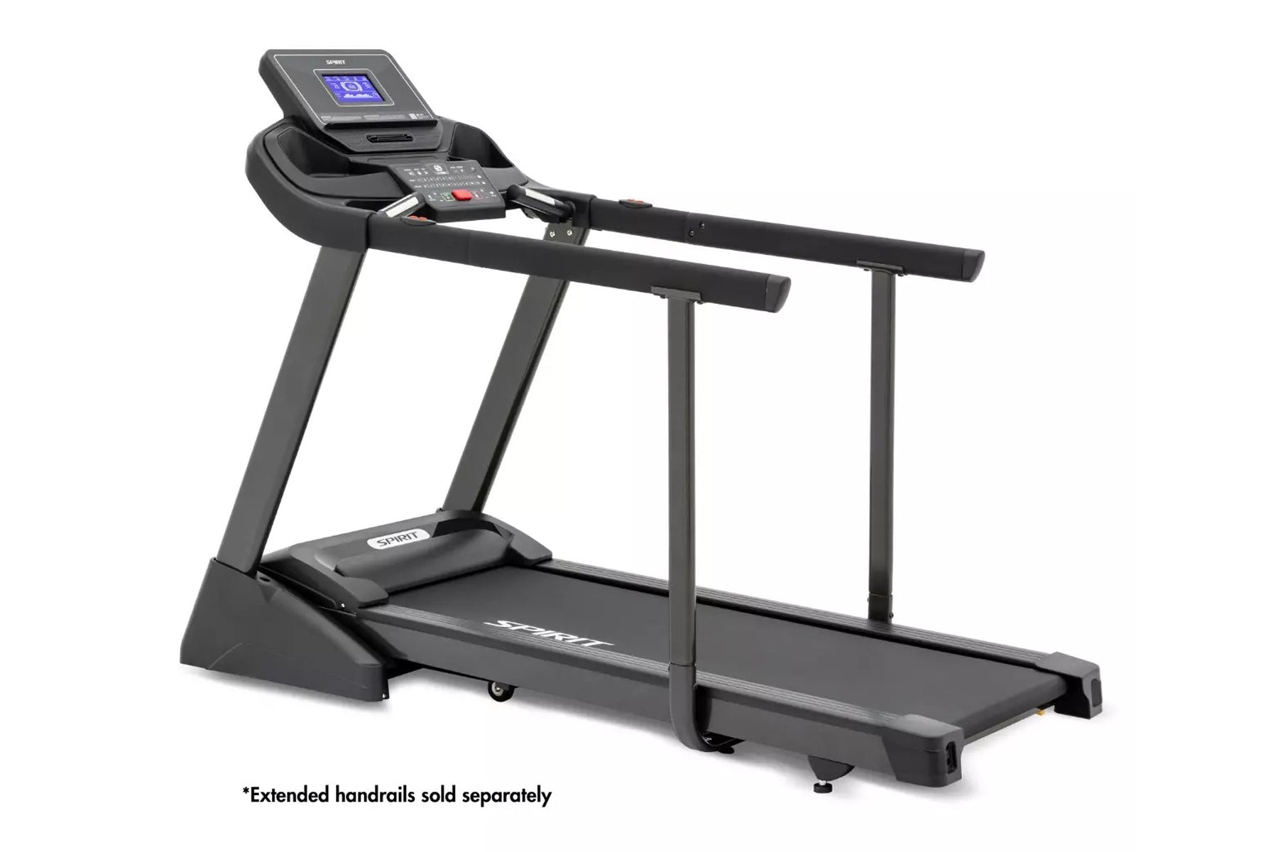 Black Spirit XT285 treadmill with digital display console, handrails, and running deck on white background