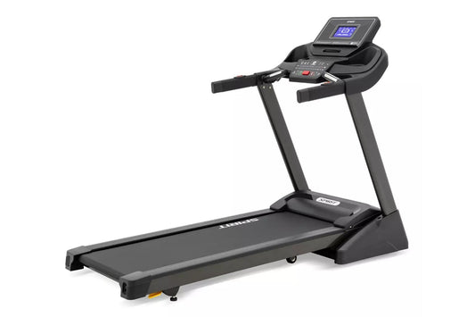 Black Spirit XT285 treadmill with digital console display, cushioned running deck, and dual handlebar grips on white backgrou
