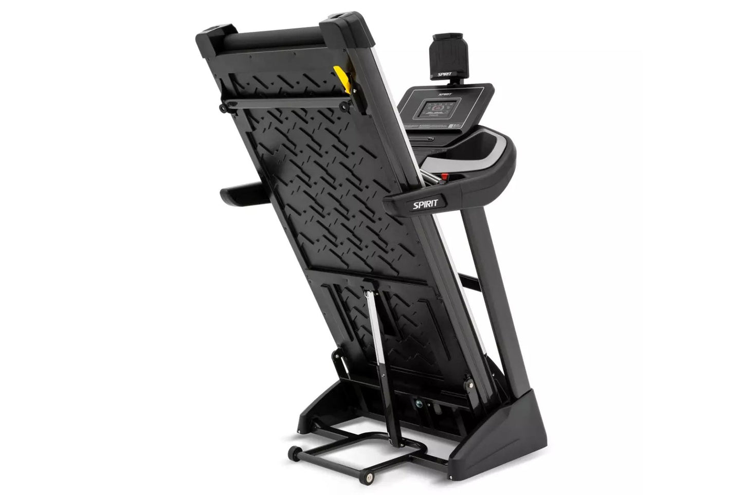 Spirit XT385 black treadmill with digital console, incline running deck, and yellow safety clip on white background