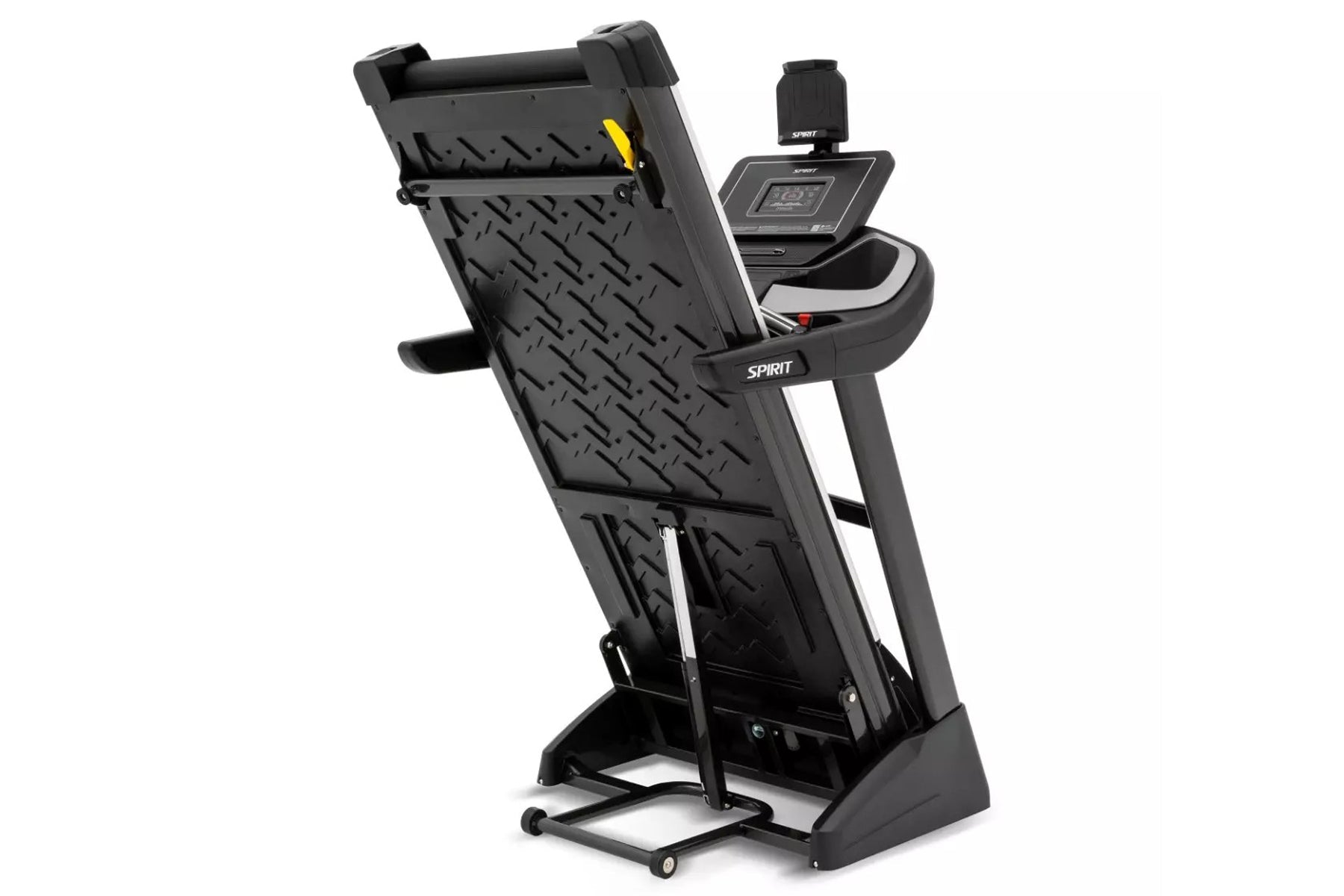 Spirit XT385 black treadmill with digital console, incline running deck, and yellow safety clip on white background