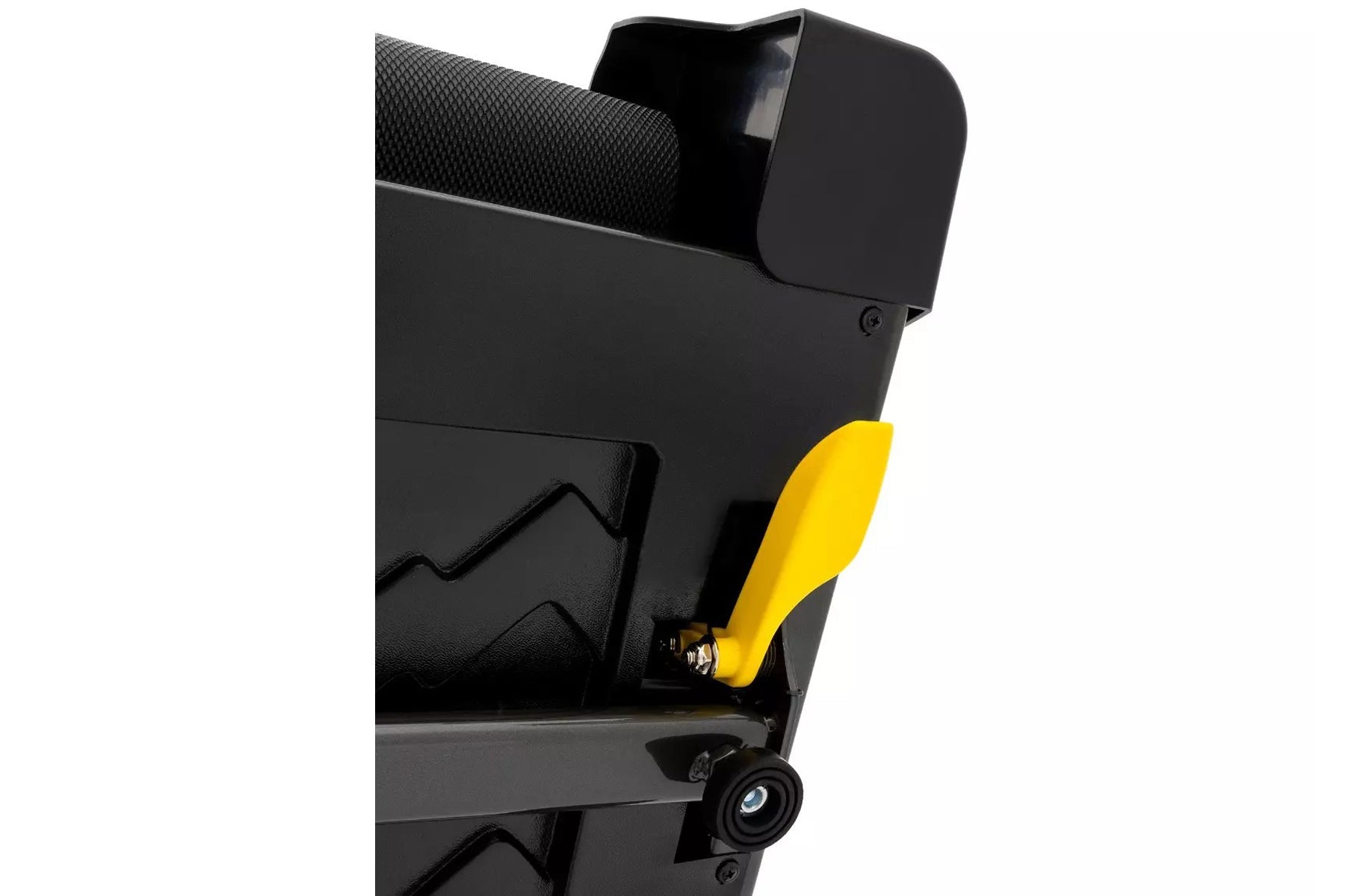 Black treadmill with yellow side handles and textured running belt, displayed at an angle on white background