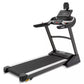 Spirit XT385 black treadmill with digital console, white accent stripe, and attached tablet holder on white background