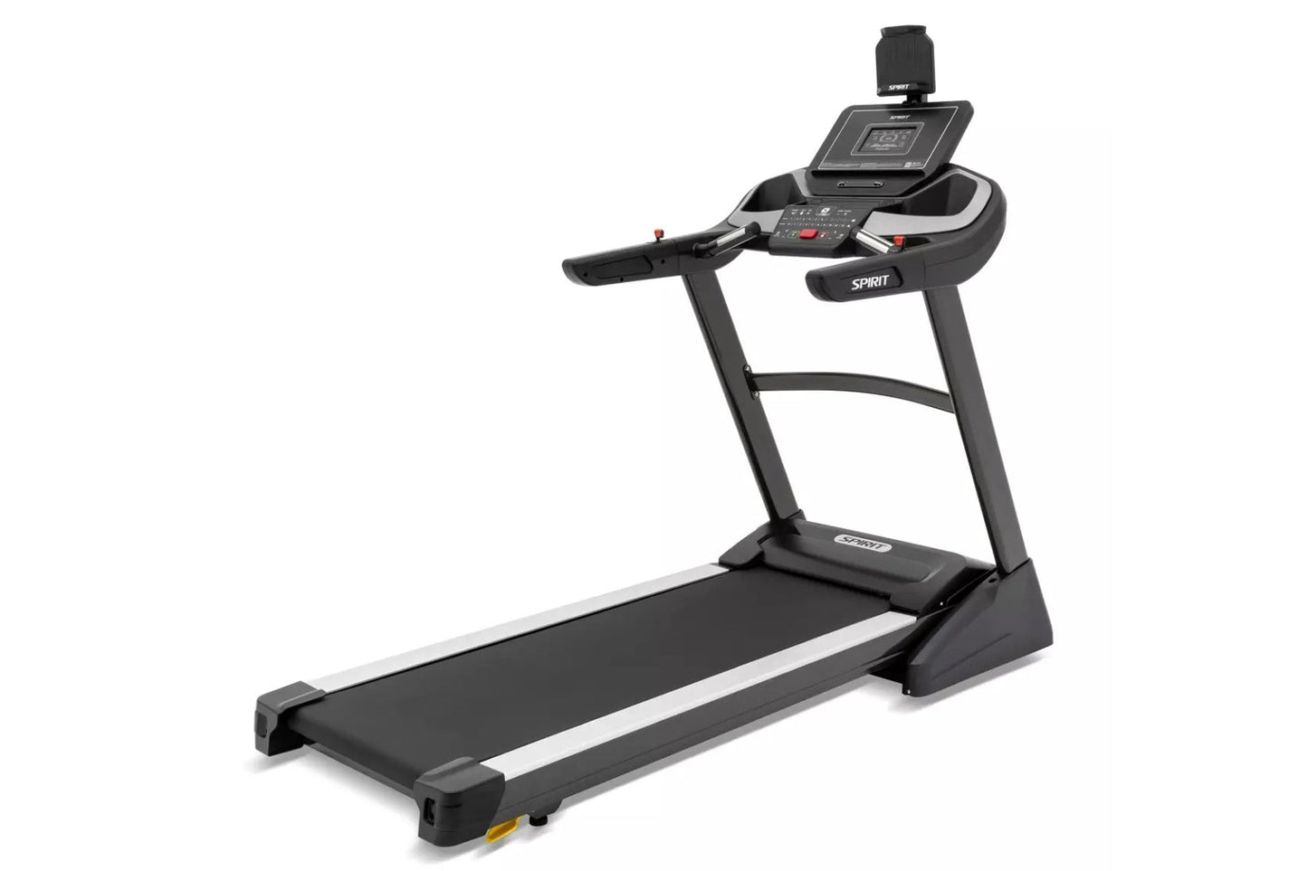 Spirit XT385 black treadmill with digital console, white accent stripe, and attached tablet holder on white background