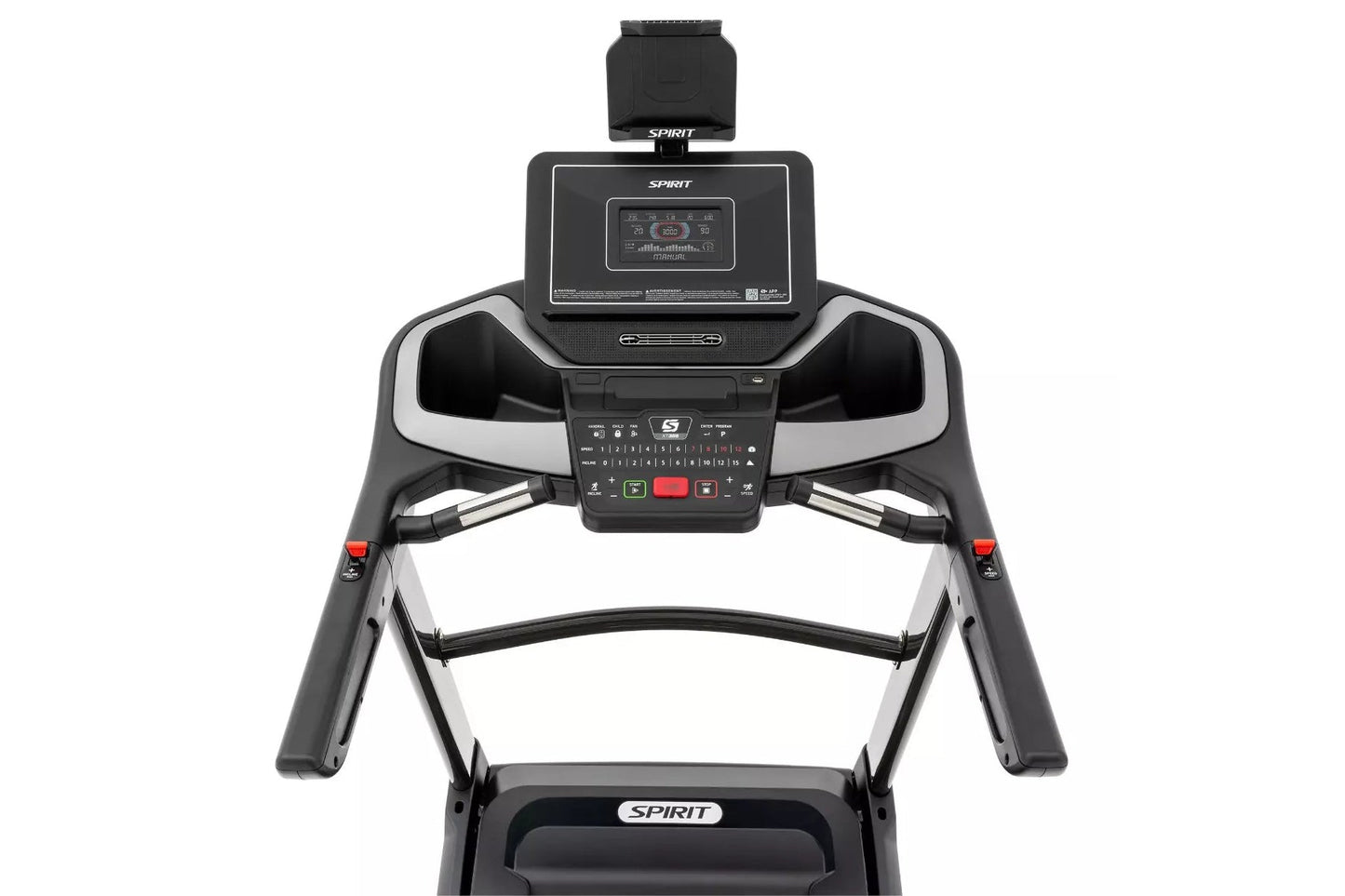 Spirit XT385 black and silver treadmill with digital console, control panel, and dual handrails on white background