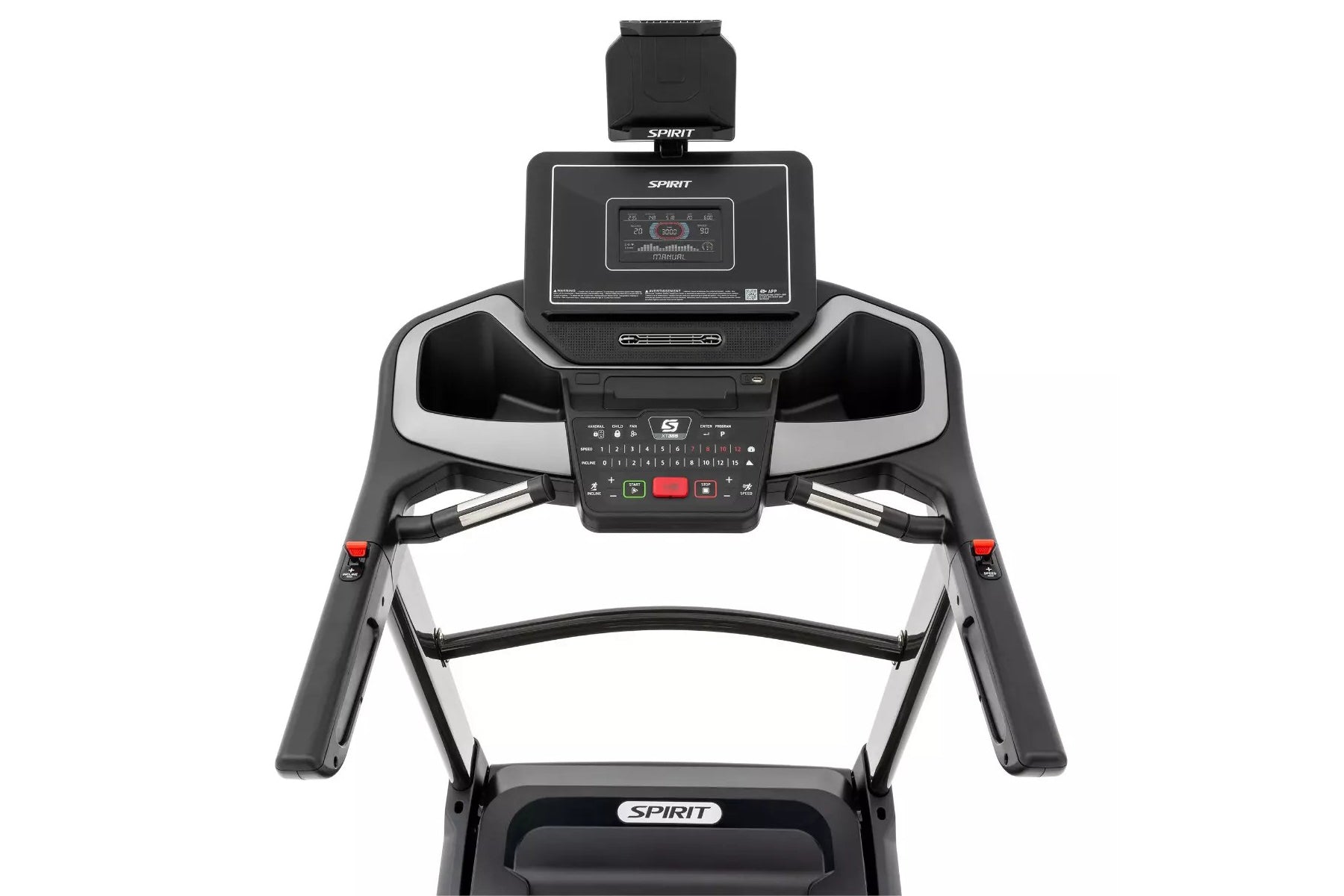 Spirit XT385 black and silver treadmill with digital console, control panel, and dual handrails on white background