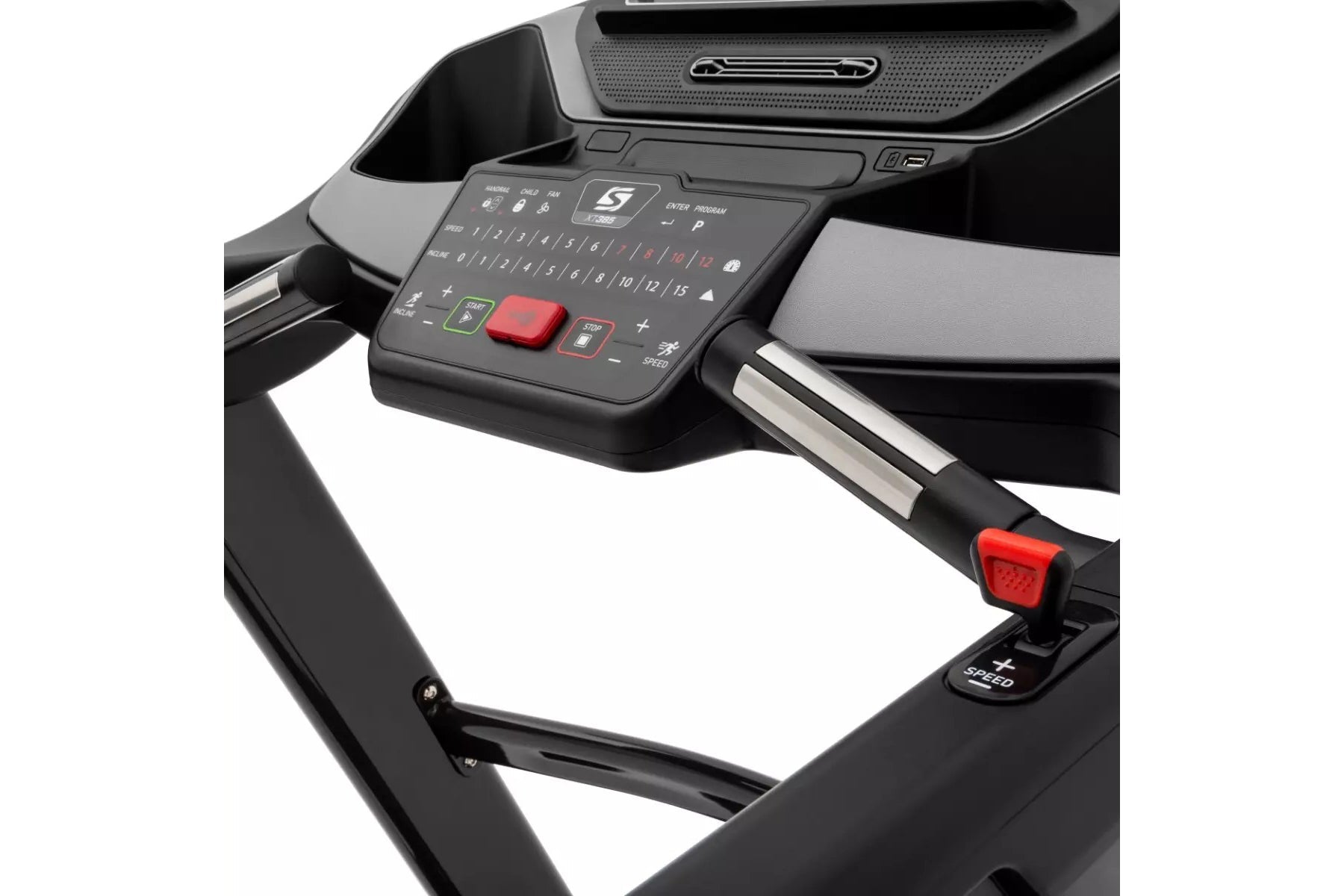 Black and gray treadmill console with red emergency stop button and numeric keypad controls on white background