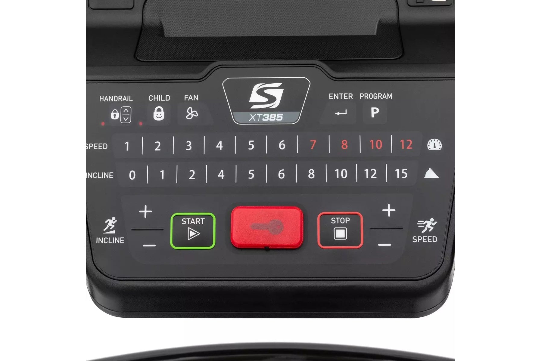 Spirit XT385 treadmill console with gray panel, speed and incline controls, green start button, red emergency stop button, an