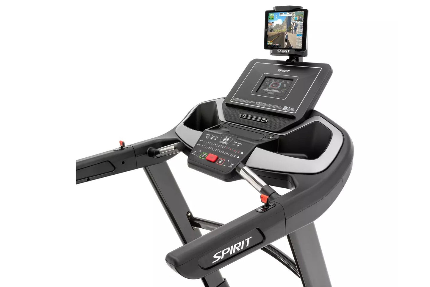 Spirit XT385 treadmill with black and gray frame, digital console with control buttons, and mounted tablet display showing GP