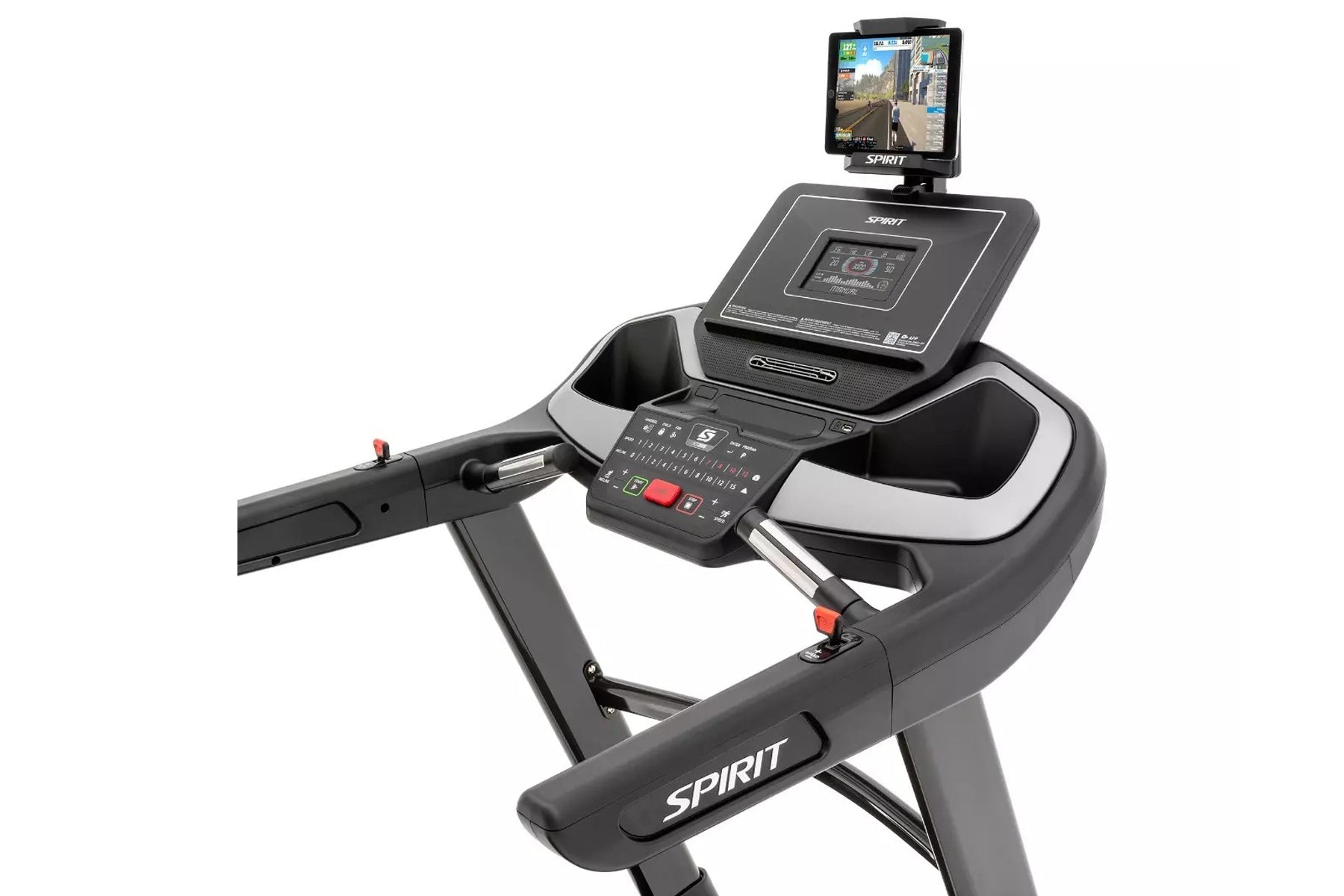 Spirit XT385 treadmill with black and gray frame, digital console with control buttons, and mounted tablet display showing GP