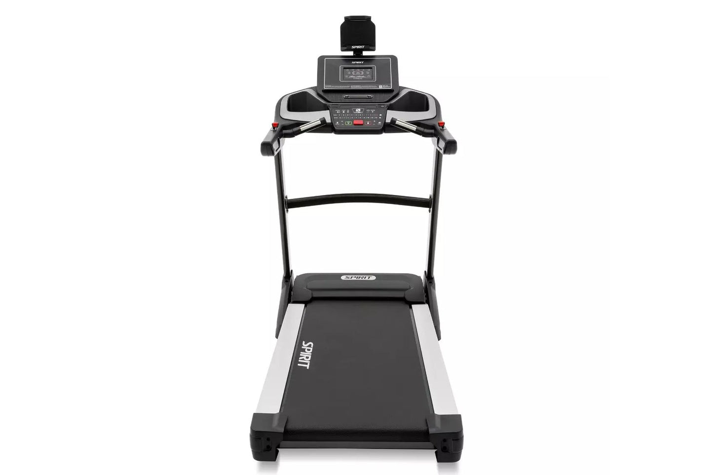 Spirit XT385 motorized treadmill with black and gray frame, digital console display, handrails with red buttons, and cushione