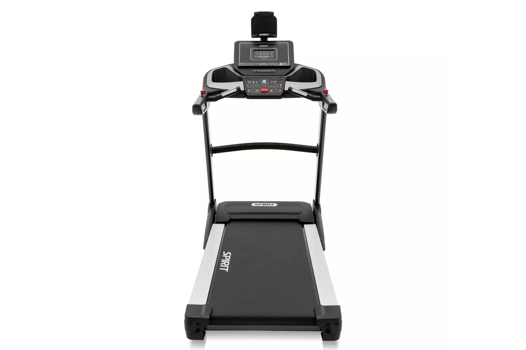Spirit XT385 motorized treadmill with black and gray frame, digital console display, handrails with red buttons, and cushione