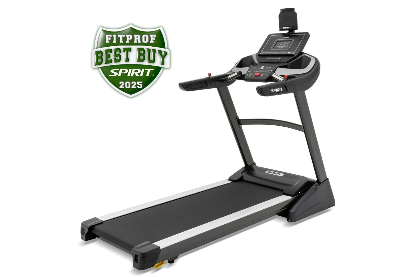 Spirit XT385 black treadmill with digital console, tablet holder, and handlebars on white background