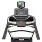 Spirit XT485 treadmill with black and silver frame, digital display console showing workout metrics, tablet holder, and contr