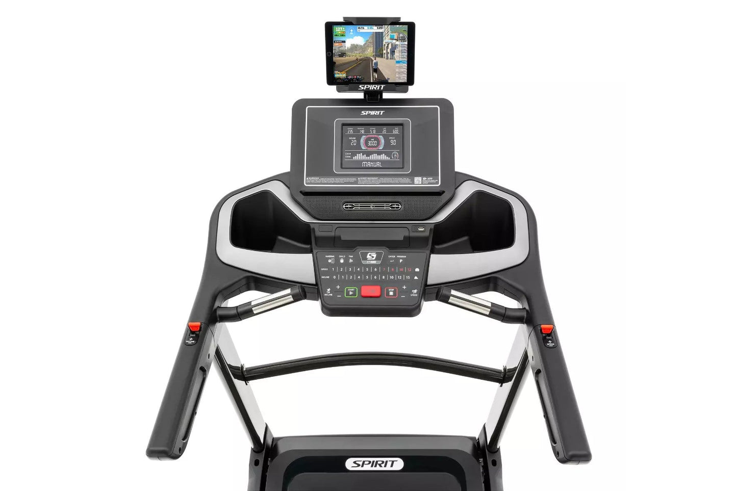 Spirit XT485 treadmill with black and silver frame, digital display console showing workout metrics, tablet holder, and contr