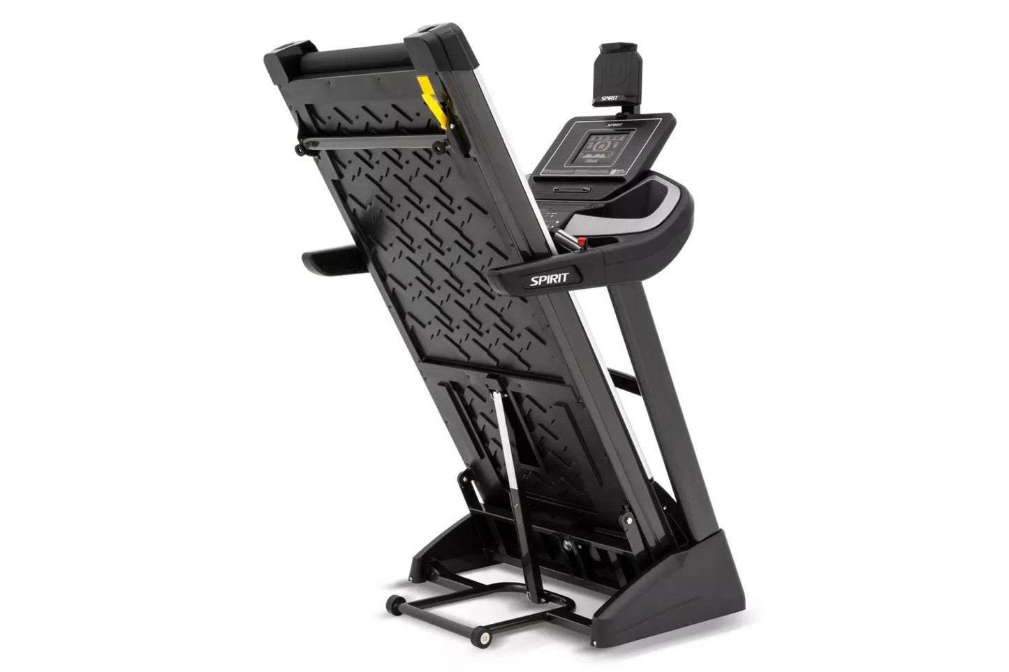 Spirit XT485 black treadmill with digital display console, yellow safety key, and diamond plate running deck on white backgro
