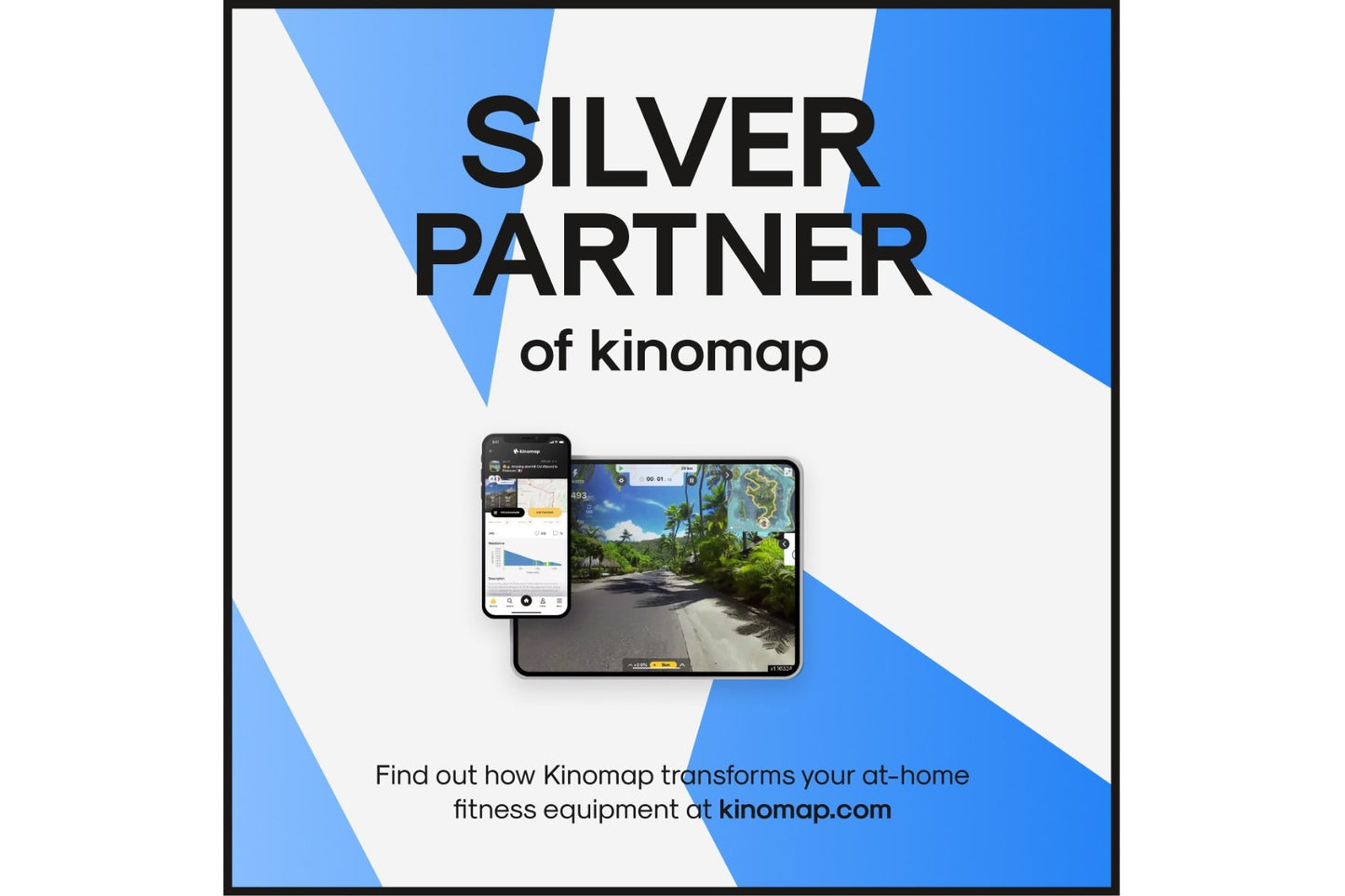 Kinomap Silver Partner badge with app screenshot on phone and tablet