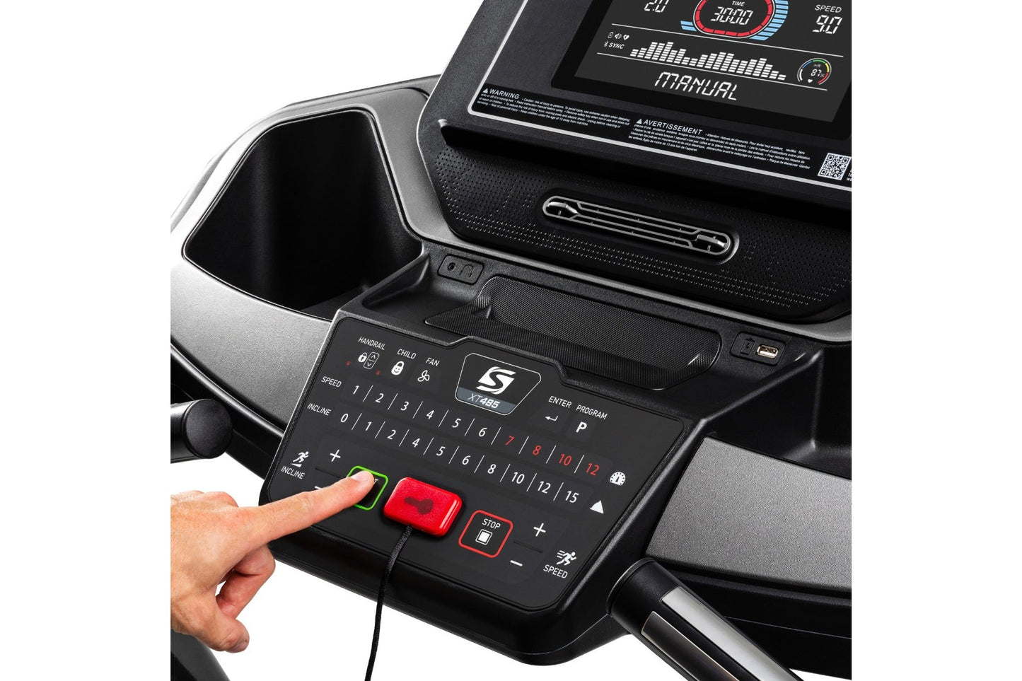 Treadmill console display showing digital screen with speed and metrics, black control panel with red emergency stop button, 