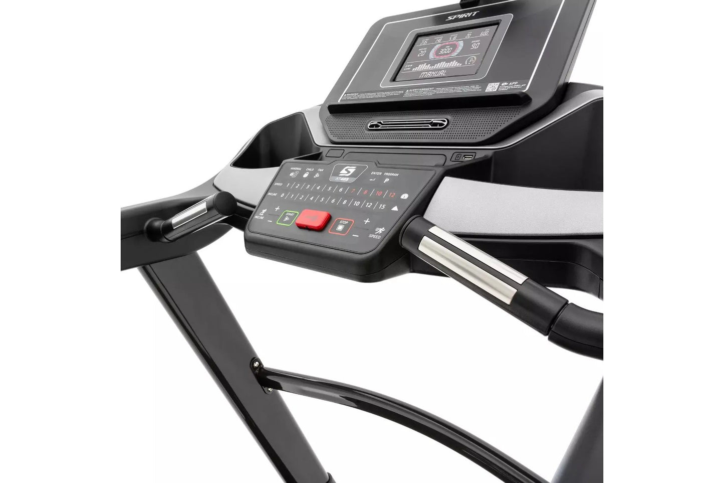 Spirit XT485 treadmill with black frame, digital display console showing workout metrics, and red start button on control pan