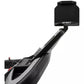 Black Spirit XT485 treadmill with extended arm monitor mount, angled view on white background
