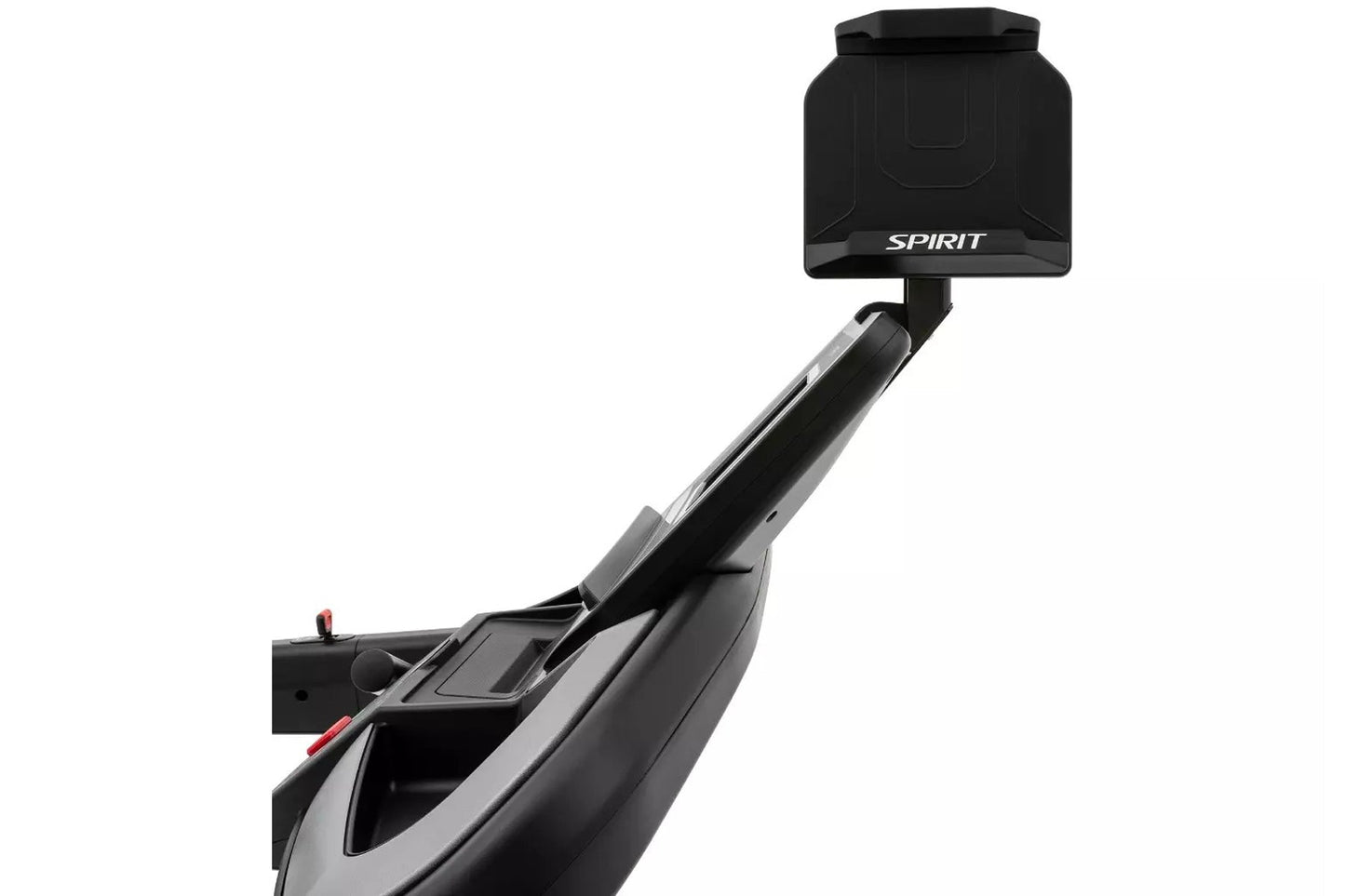 Black Spirit XT485 treadmill with extended arm monitor mount, angled view on white background