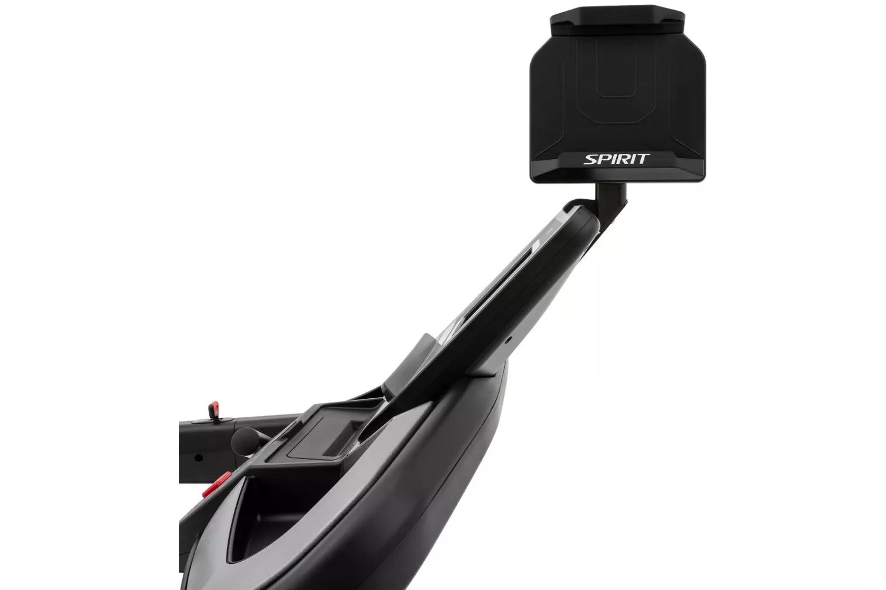 Black Spirit XT485 treadmill with extended arm monitor mount, angled view on white background