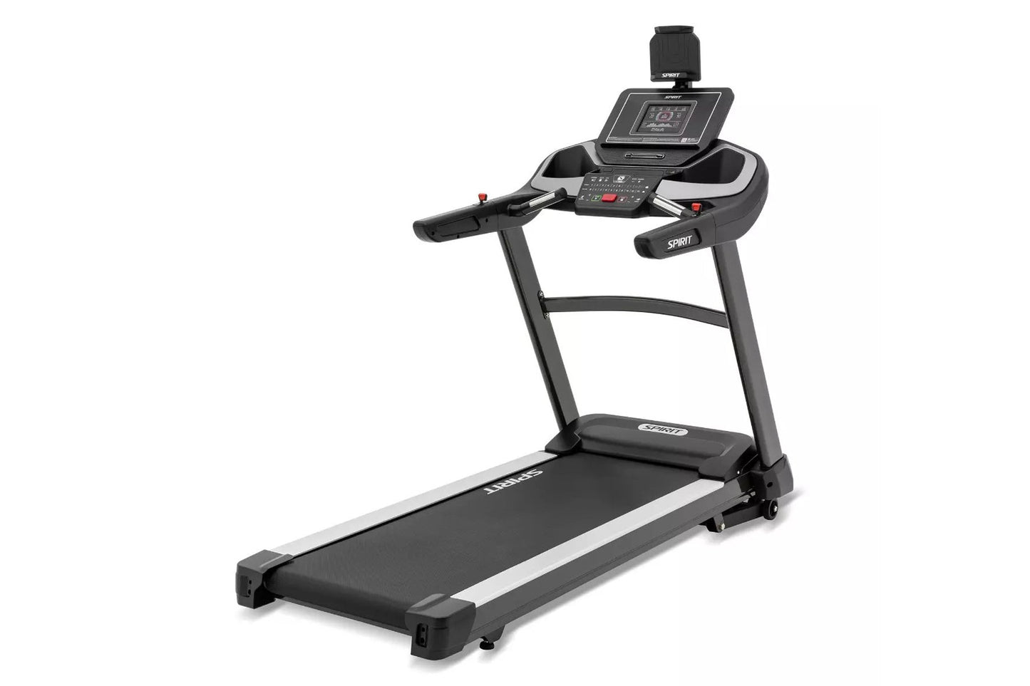 Black and silver Spirit XT685 treadmill with digital console display, dual handles, and cushioned running deck on white backg