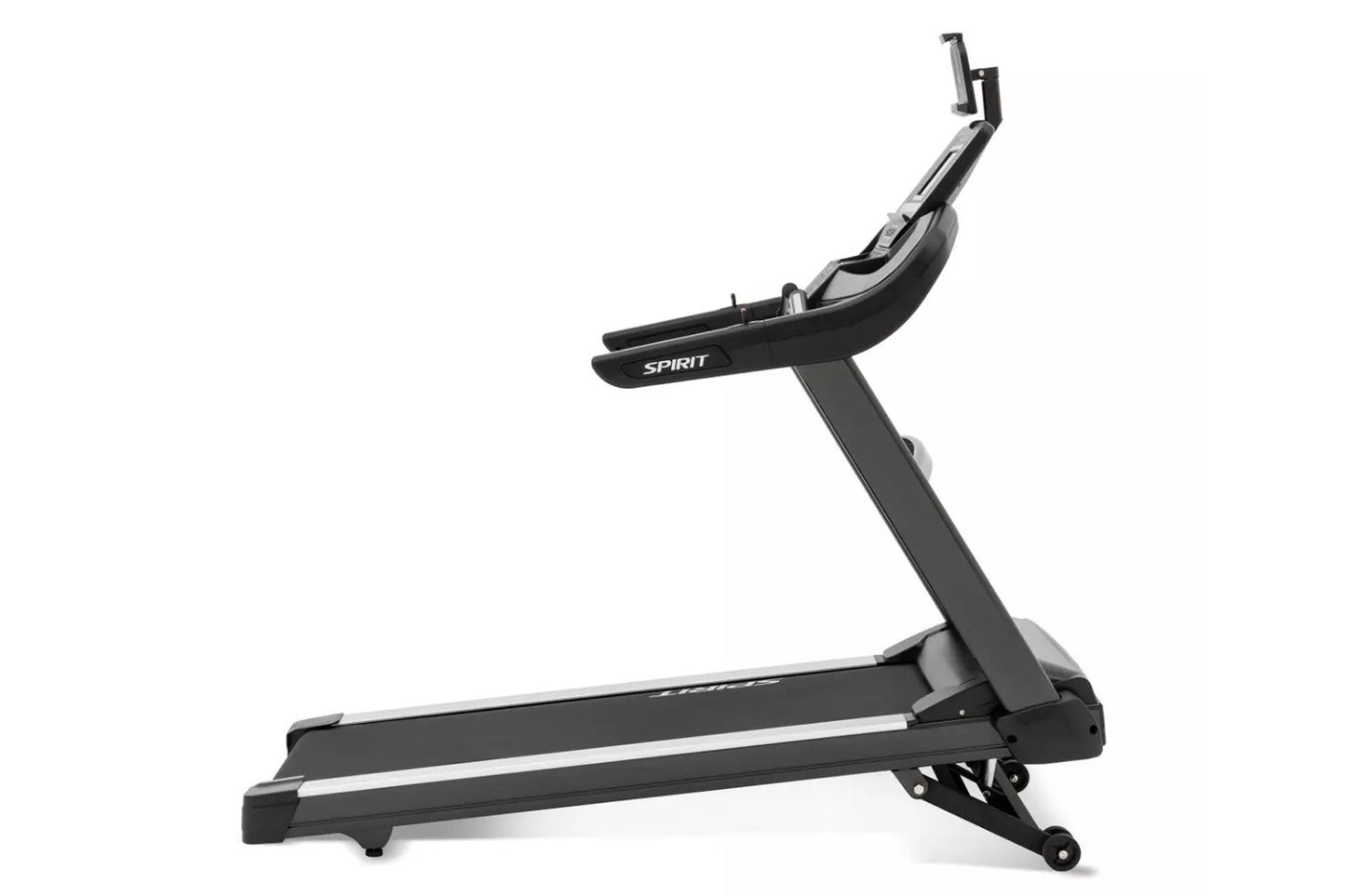 Black Spirit XT685 treadmill with gray accents, cushioned running deck, digital console, and upright handrail on white backgr