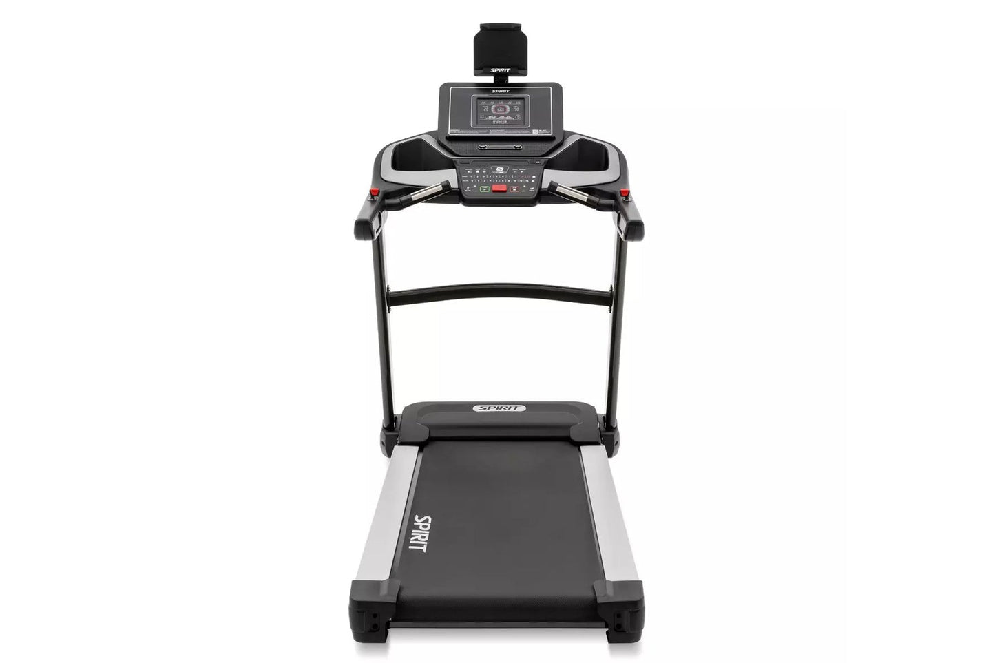 Spirit XT685 treadmill with black and gray frame, digital console display, and tablet holder, front view on white background