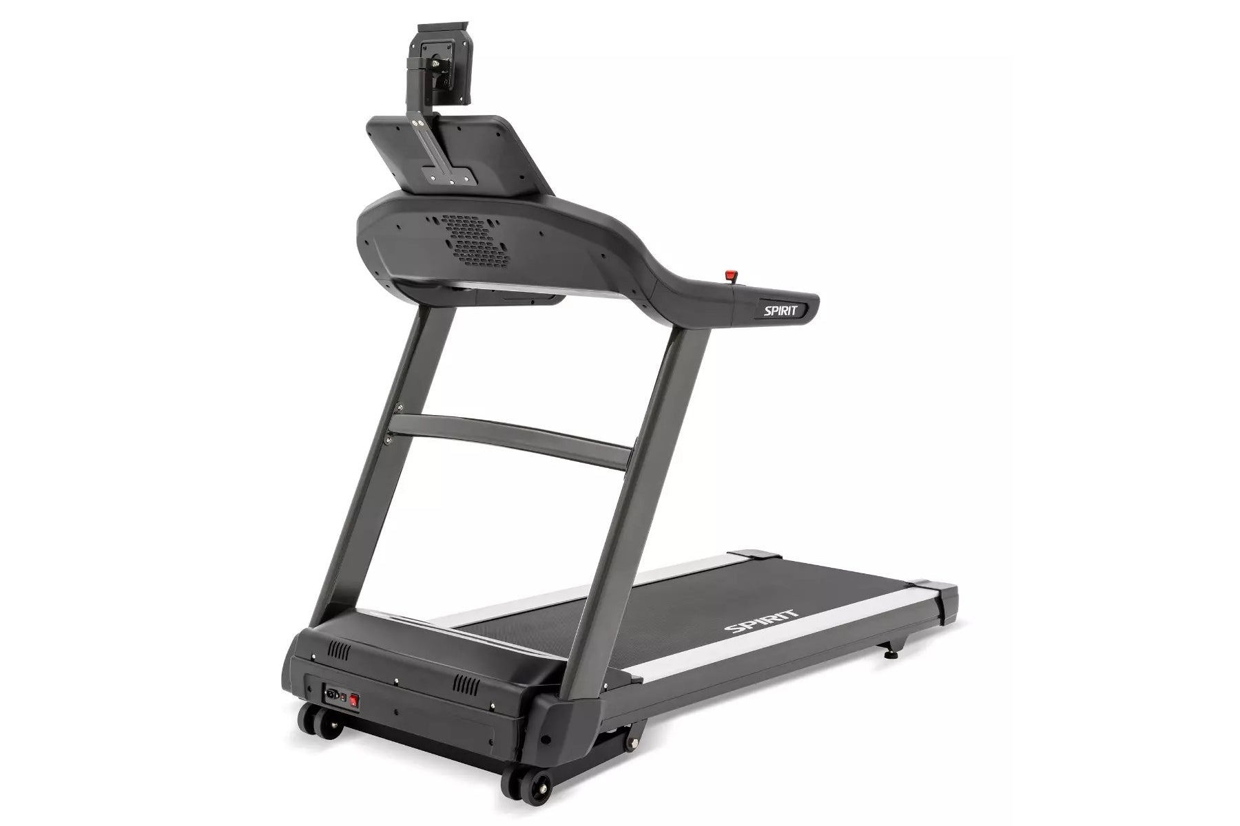 Spirit XT685 black treadmill with digital display console and handrails, on white background
