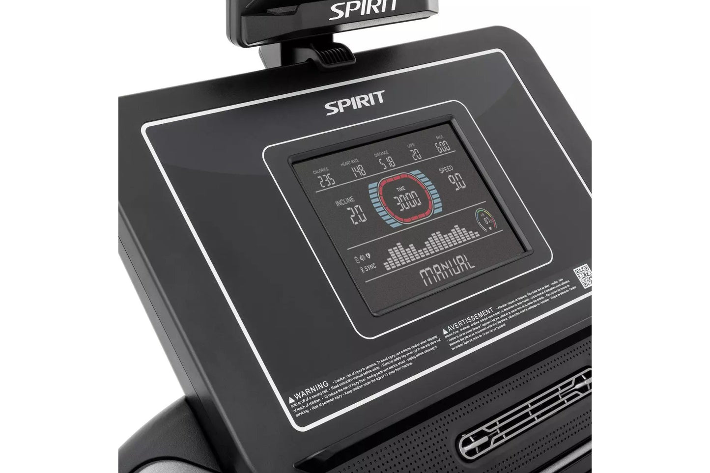 Spirit XT685 treadmill with black frame, digital display console showing time, distance, calories, and speed metrics, with mo