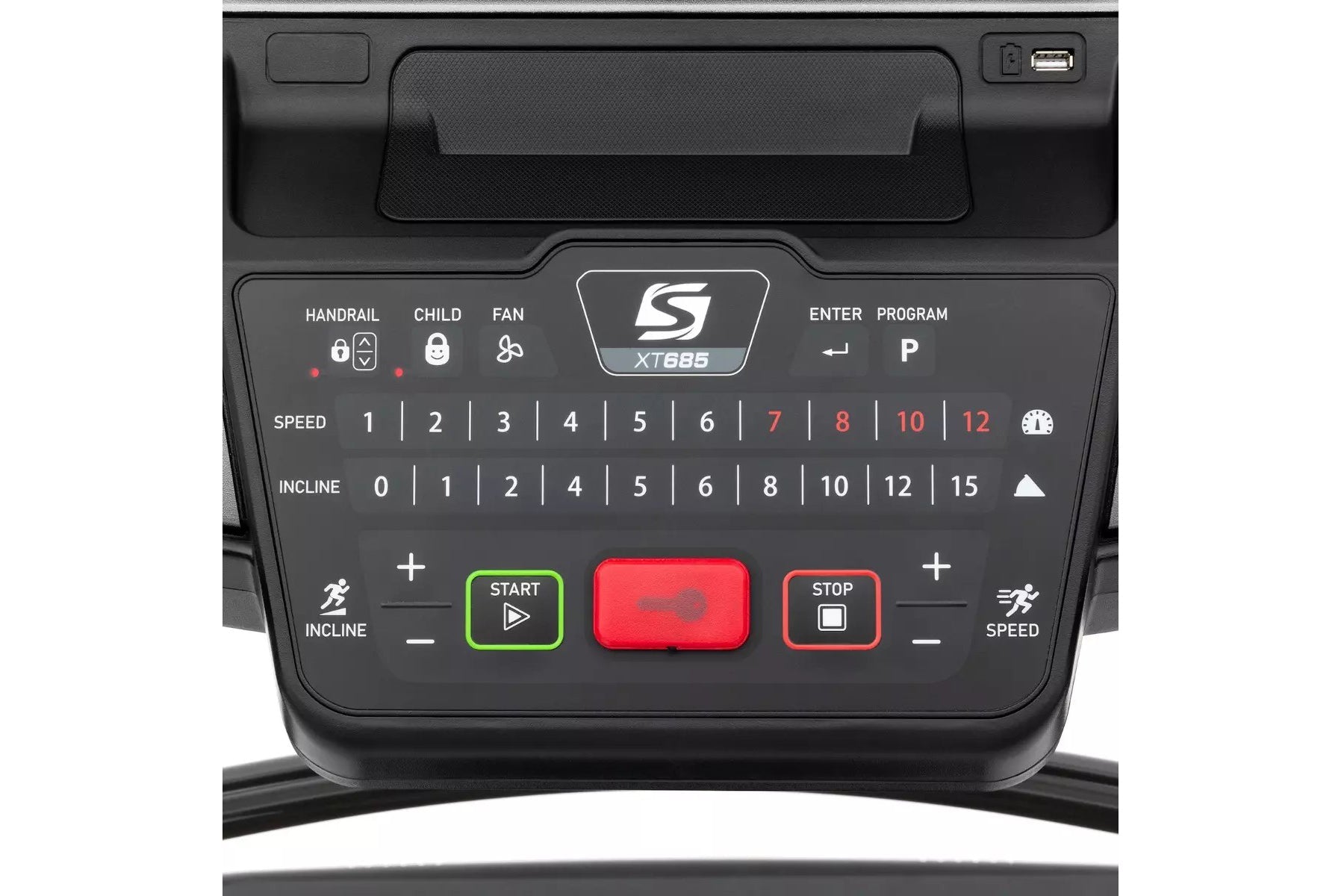 Spirit XT685 treadmill console control panel with digital display, speed and incline settings, green start button, and red em