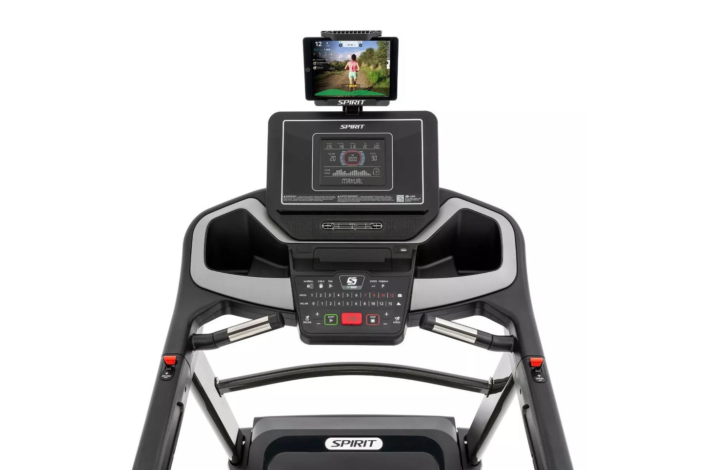 Spirit XT685 treadmill with black and silver frame, digital console displaying fitness metrics, tablet holder with outdoor ru