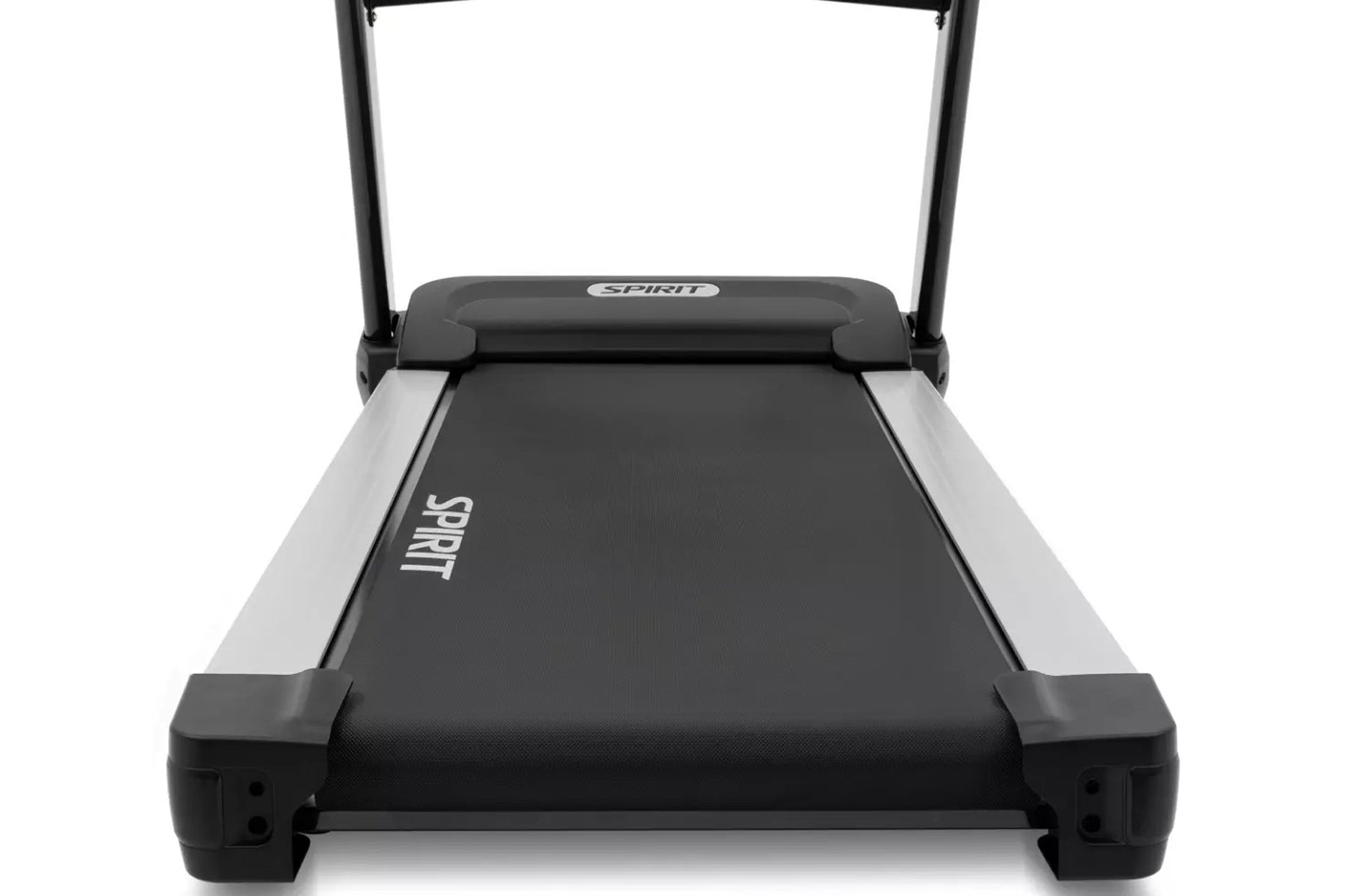 Spirit XT685 treadmill with black running deck, gray side rails, and dual uprights on white background