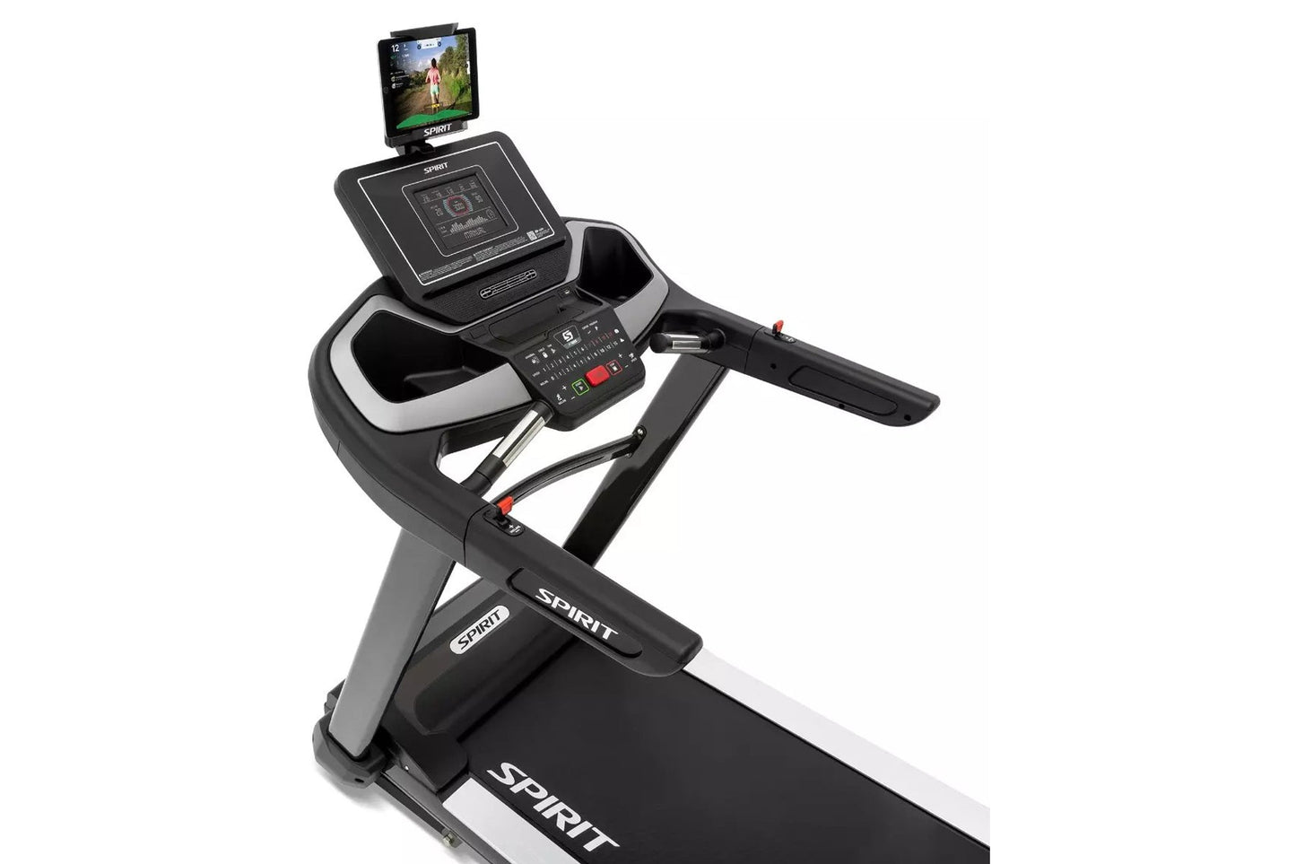 Black and silver Spirit XT685 treadmill with digital console, tablet holder, and cushioned running deck on white background