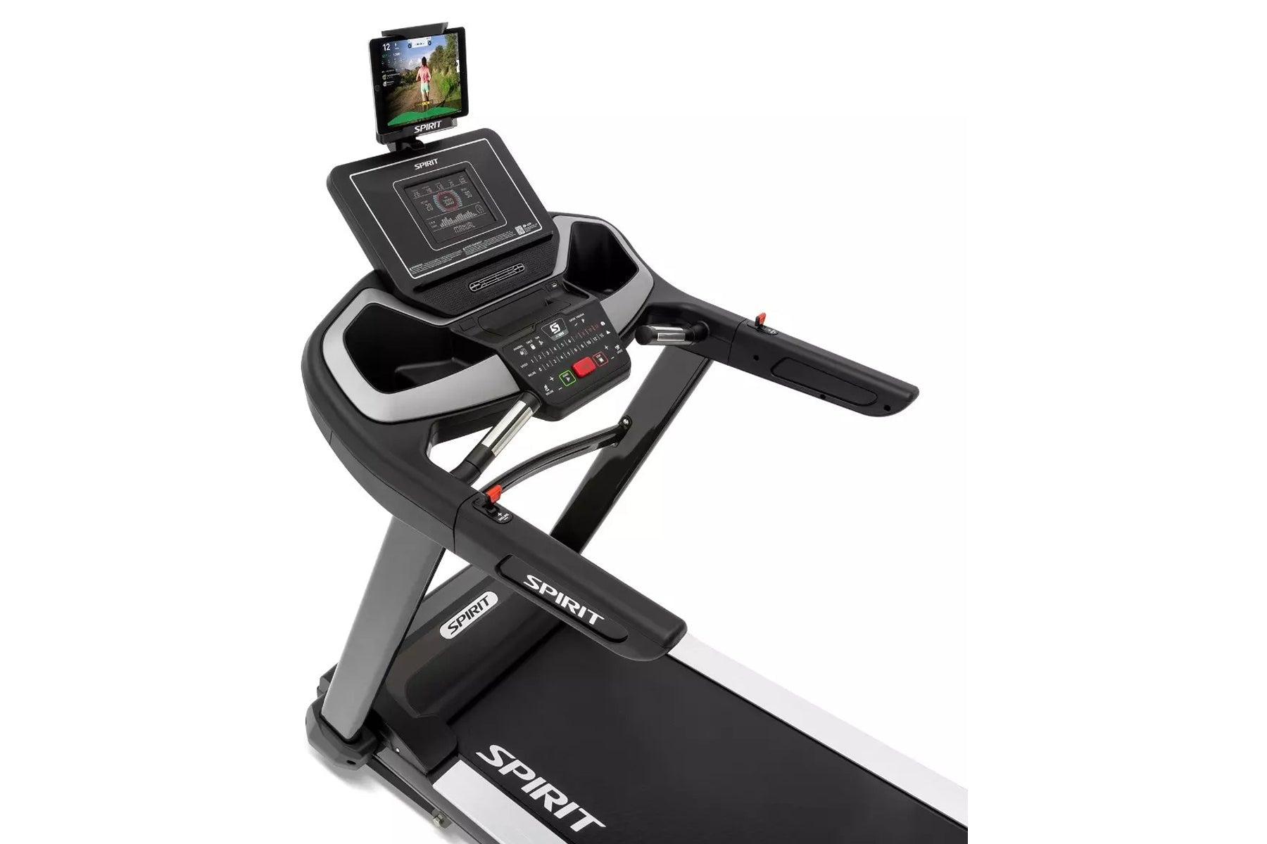 Black and silver Spirit XT685 treadmill with digital console, tablet holder, and cushioned running deck on white background
