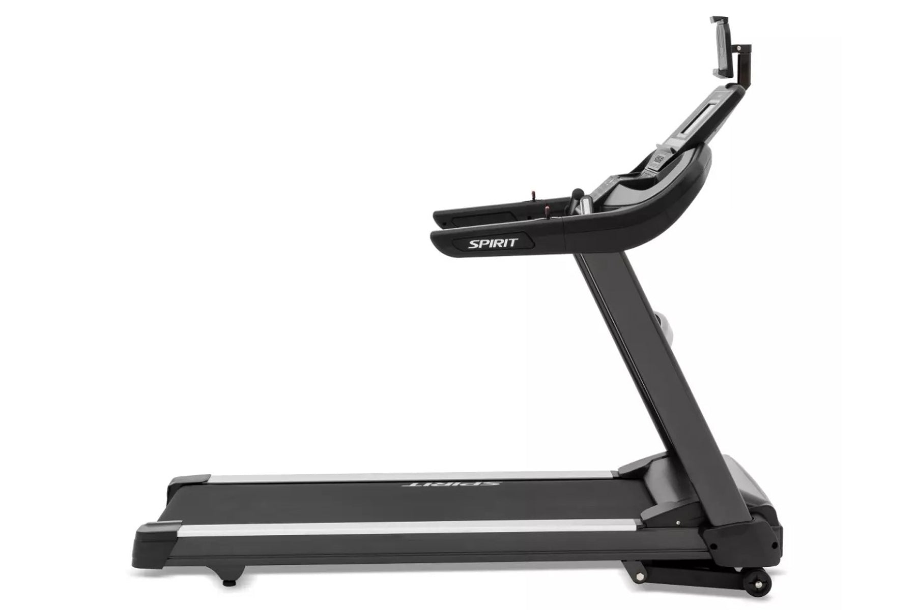 Spirit XT685 black treadmill with digital console and tablet holder on white background